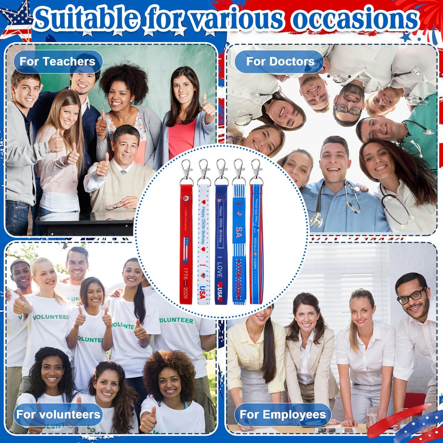 Equsion 100 Pcs 250th Anniversary Keychains Gifts 4th of July Accessories Patriotic Party Favors Bulk American USA Flag Key Chains for Independence Day Party Accessories Star Stripe Souvenir