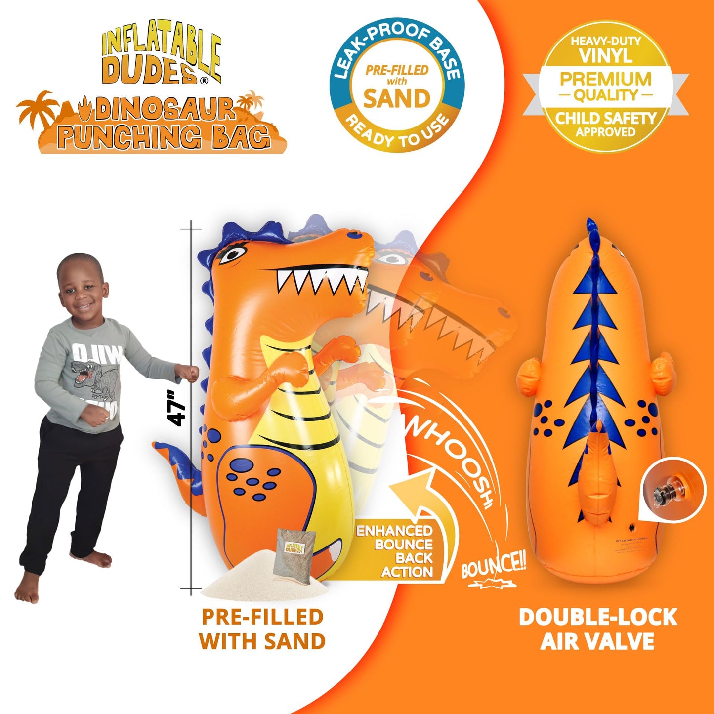 INFLATABLE DUDES Dinosaur Toy 47 Inches - Kids Punching Bag | Already Filled with Sand| T-Rex | Bop Bag | Inflatable Bopper | Punching Bag for Kids | Dinosaur Party Decorations | Boxing - (Rex)