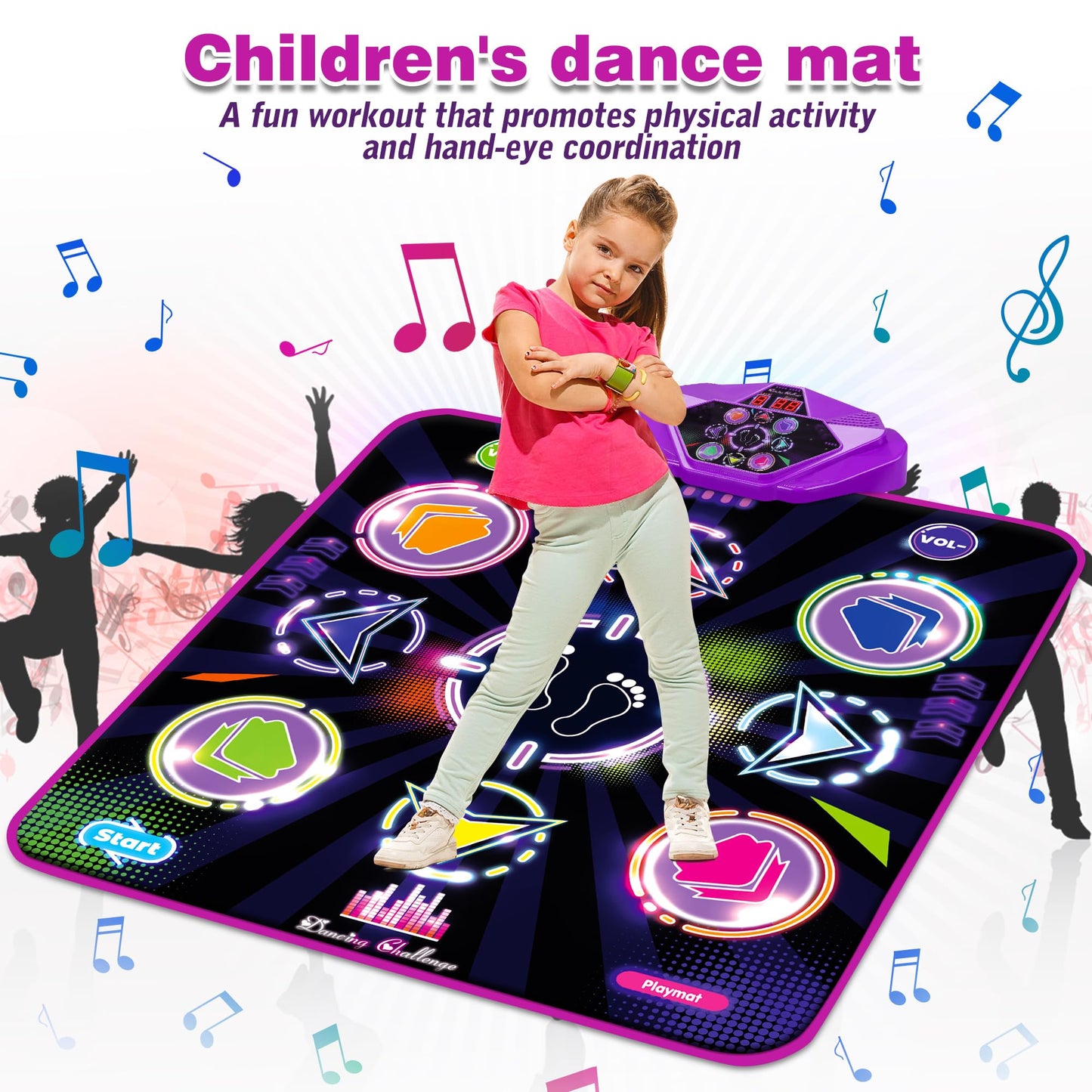 Kusntin Dance Mat, Dance Mixer Rhythm Step Play Mat, Pink Dance Pad with LED Lights, Adjustable Volume, Built-in Music, 5 Game Modes, Xmas Birthday Gifts for 3-10 Years Girls Toys (Purple-Black)