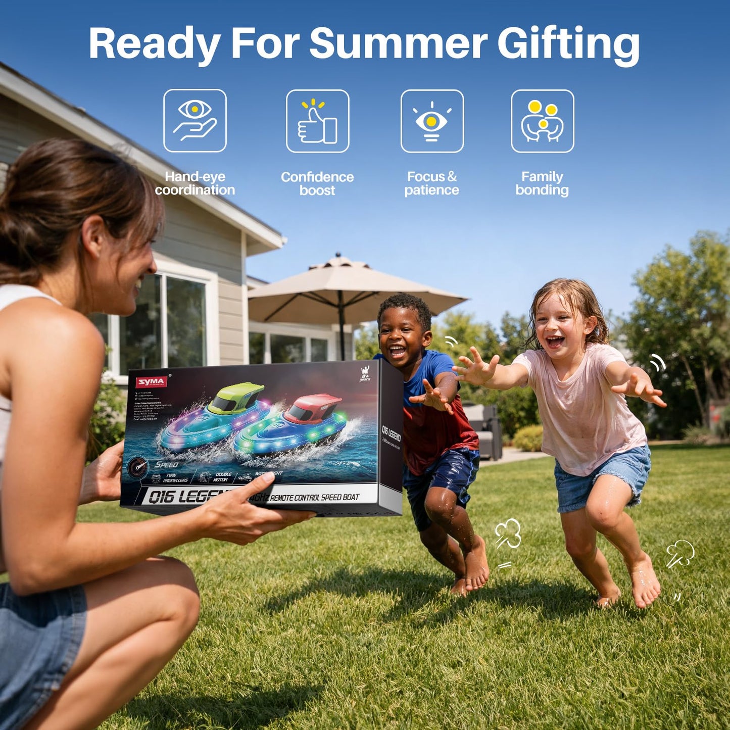 SYMA 2 Pack RC Boats for Kids, Remote Control Boats for Pool, 7-Mode LED Light Up & Water Spray, Up to 40 Min Total (2 Batteries), 2.4GHz 164 ft Range, Gift for Boys & Girls