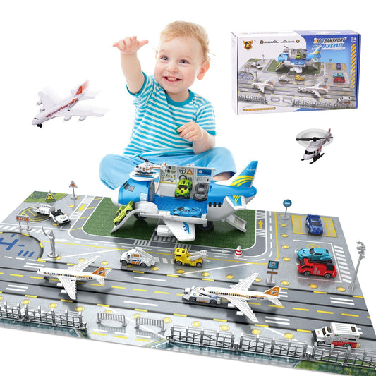 Airplane Toy Car Toy Set Airport Playmat with Helicopter, Truck, Plane, Sign Parking Lot Toy Set with Traffic Signs and Road Accessories Transport Airplane Scene Play Mat for Toddler Age 3+