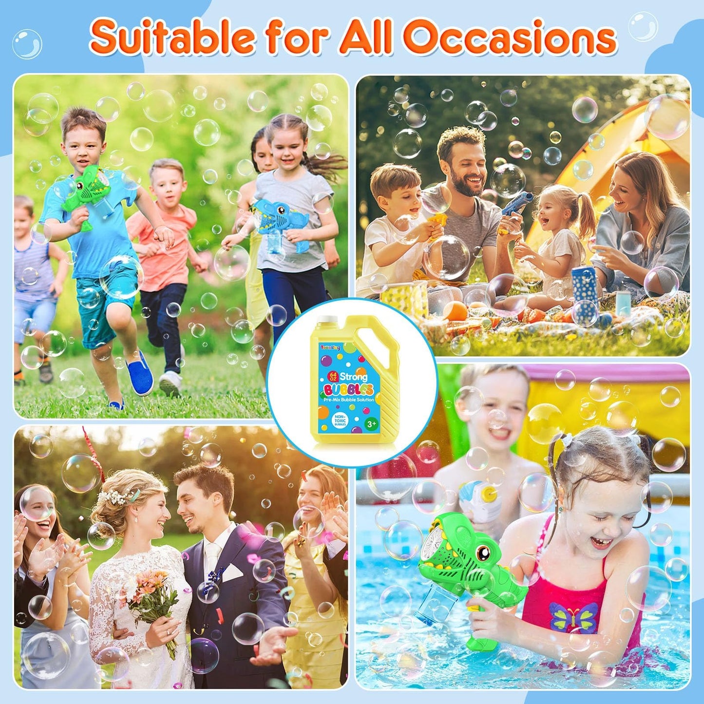 64 OZ Bubble Solution Refill Pre-Mix: Non-Toxic Bubbles for Kids Refills for Bubble Machine, Wands, Blowers, No Mixing Needed Leak-Proof Bottle Solution for Bubbles Toys Parties Outdoor Events Easter