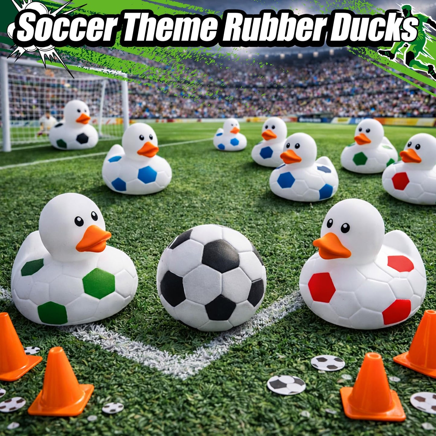 24 Pcs Soccer Theme Rubber Ducks with a Bag, Soccer Ball Ducks Toys, Soccer Fun Party Favors, Goodie Bag Fillers for Sports Fans Team Gifts, Classroom Game Prizes, Water Pool Toys for Toddler Kids