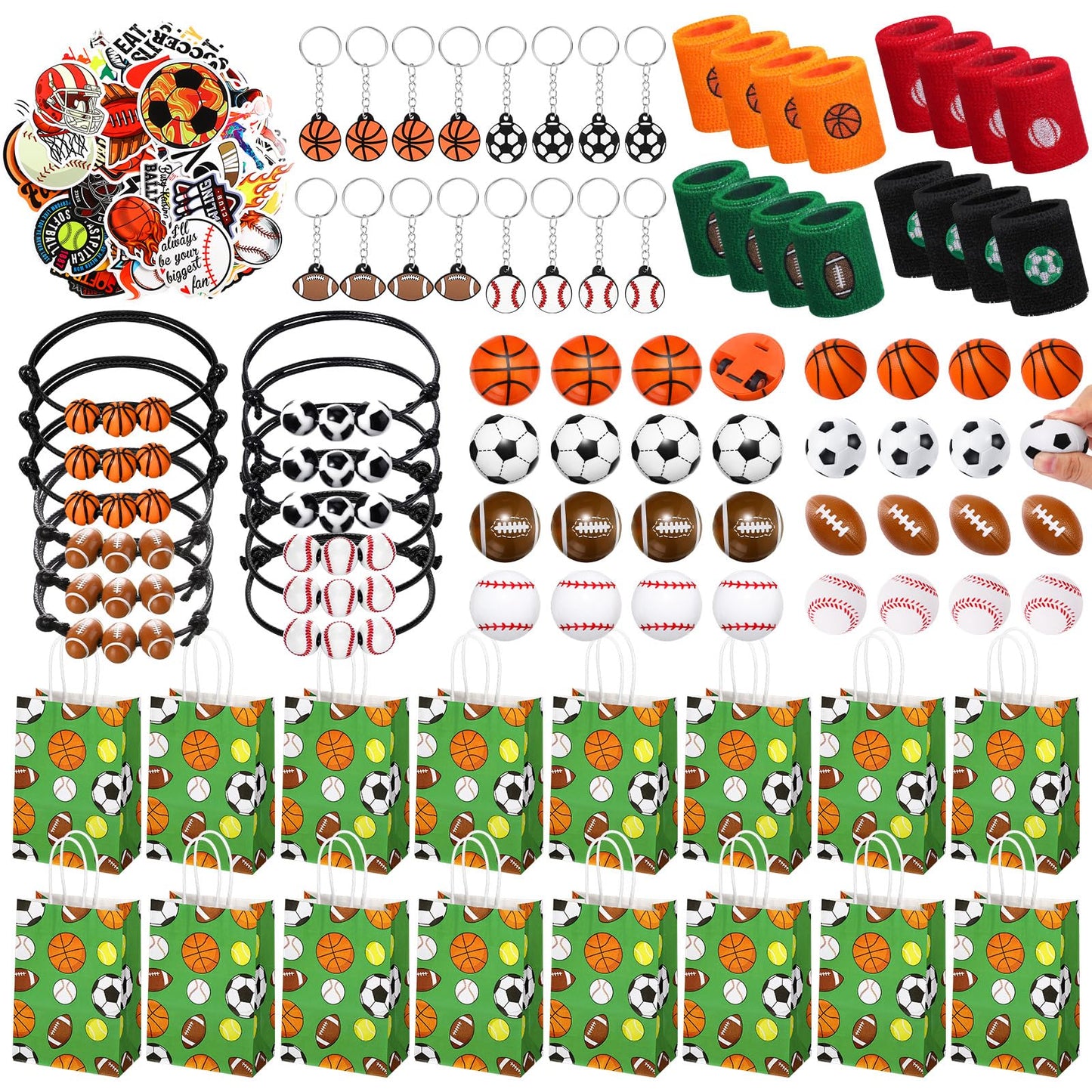 Aoriher 162 Pcs Sport Party Favors, Sport Gift Bag Fillers Foam Basketball Soccer Baseball Football Tattoo Stickers Keychains Sticker Charm Bracelets Wristband Pull Back Cars for Party Supplies