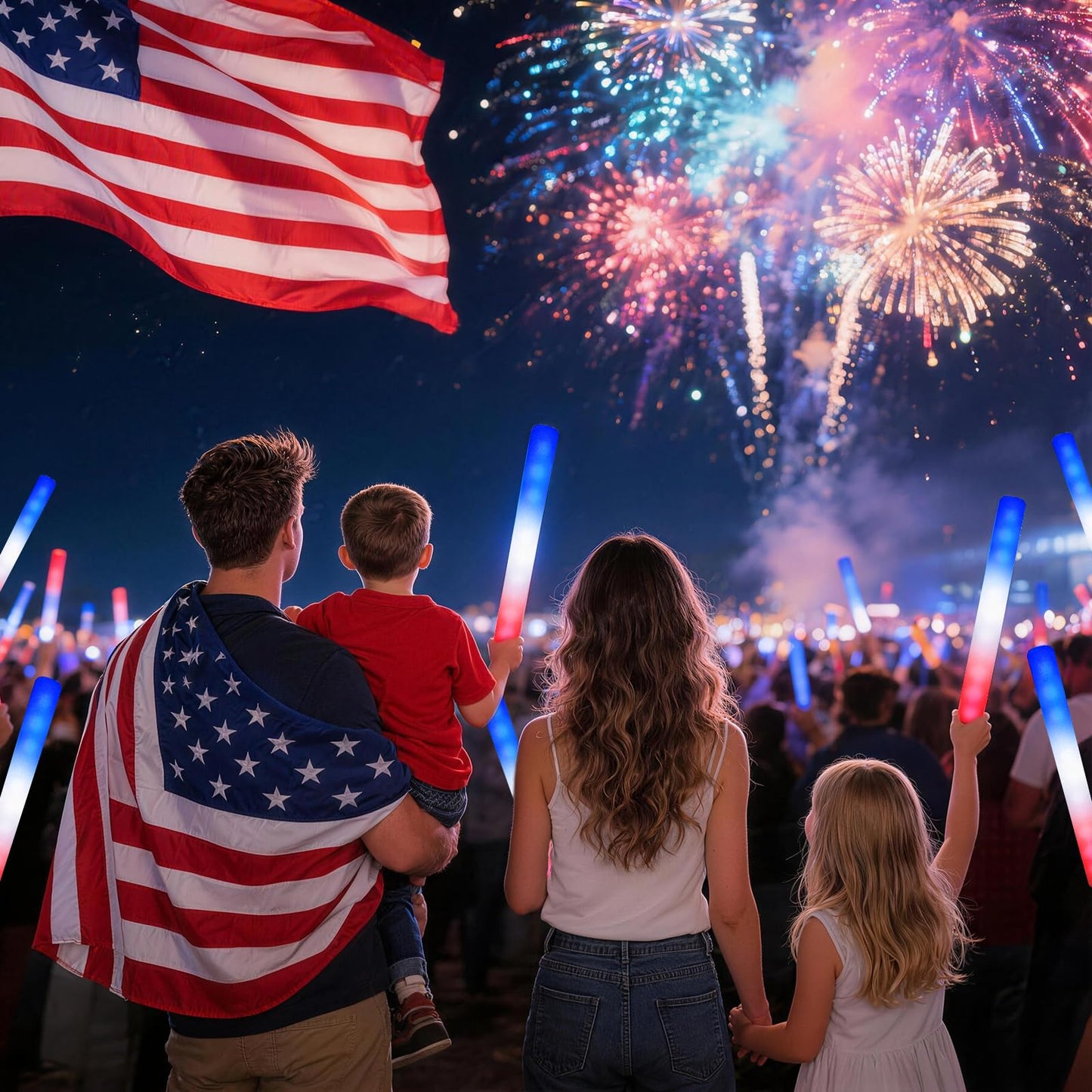 OLUPP 58 Pcs July 4th Glow Sticks, Foam Glow Sticks for 4th July, Red White Blue Glow in the Dark for Kids & Adults, Patriotic LED Light Up Supplies for Independence Day, Party Favors