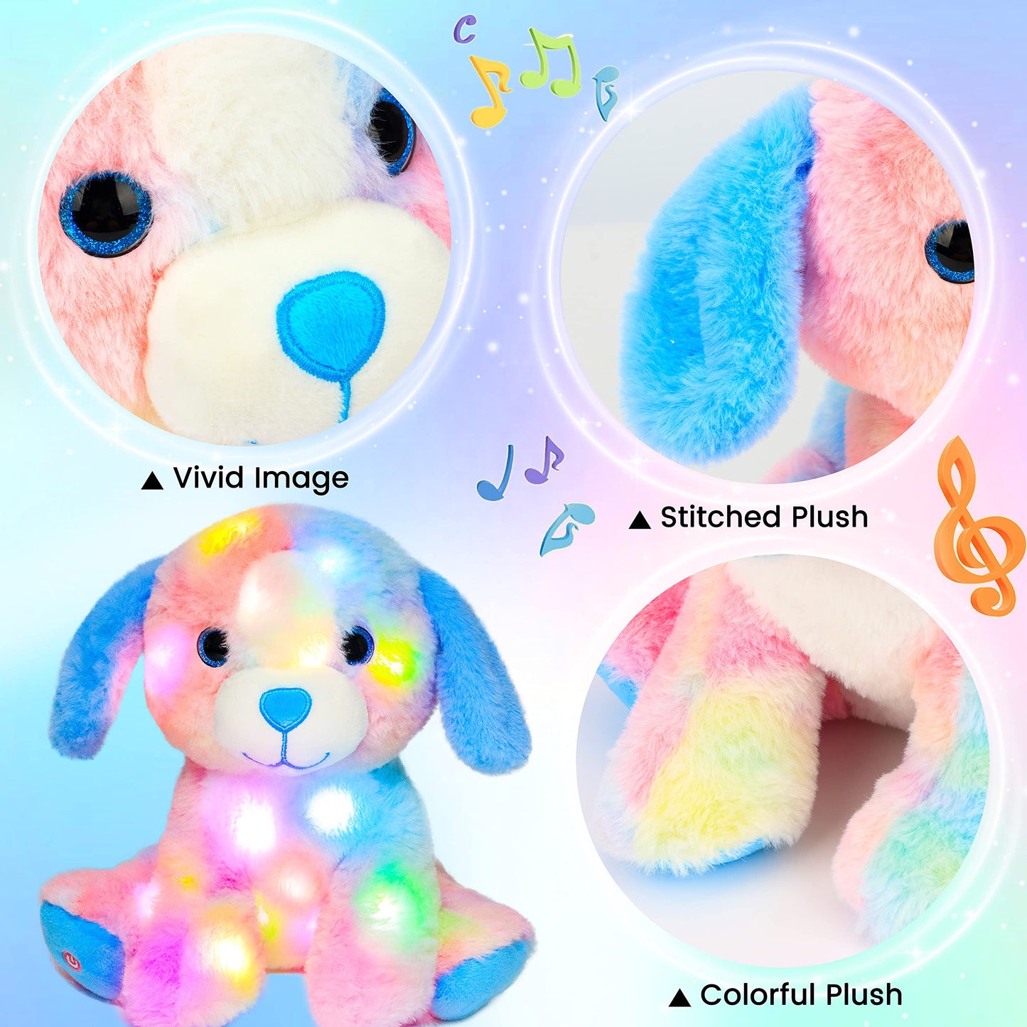 Hopearl LED Musical Stuffed Puppy Lighting Up Singing Plush Toy Adjustable Volume Lullaby Animated Soothe Birthday Festival for Kids Toddler Girls, Rainbow, 10.5''