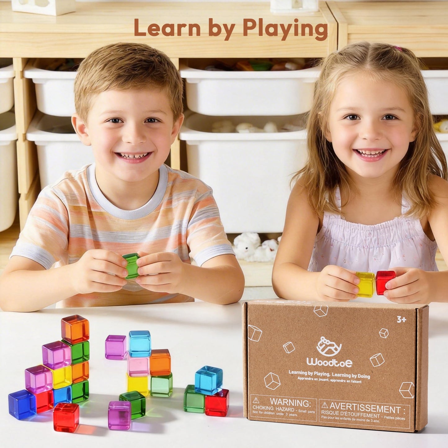Woodtoe Rainbow Building Blocks for Toddlers, 24 PCS Acrylic Gem Cubes Stacking Blocks, Montessori Stacking Toy for 3 4 5 6 Year Old, Educational STEM Creative Sensory Toy Gifts for Kids Boys Girls