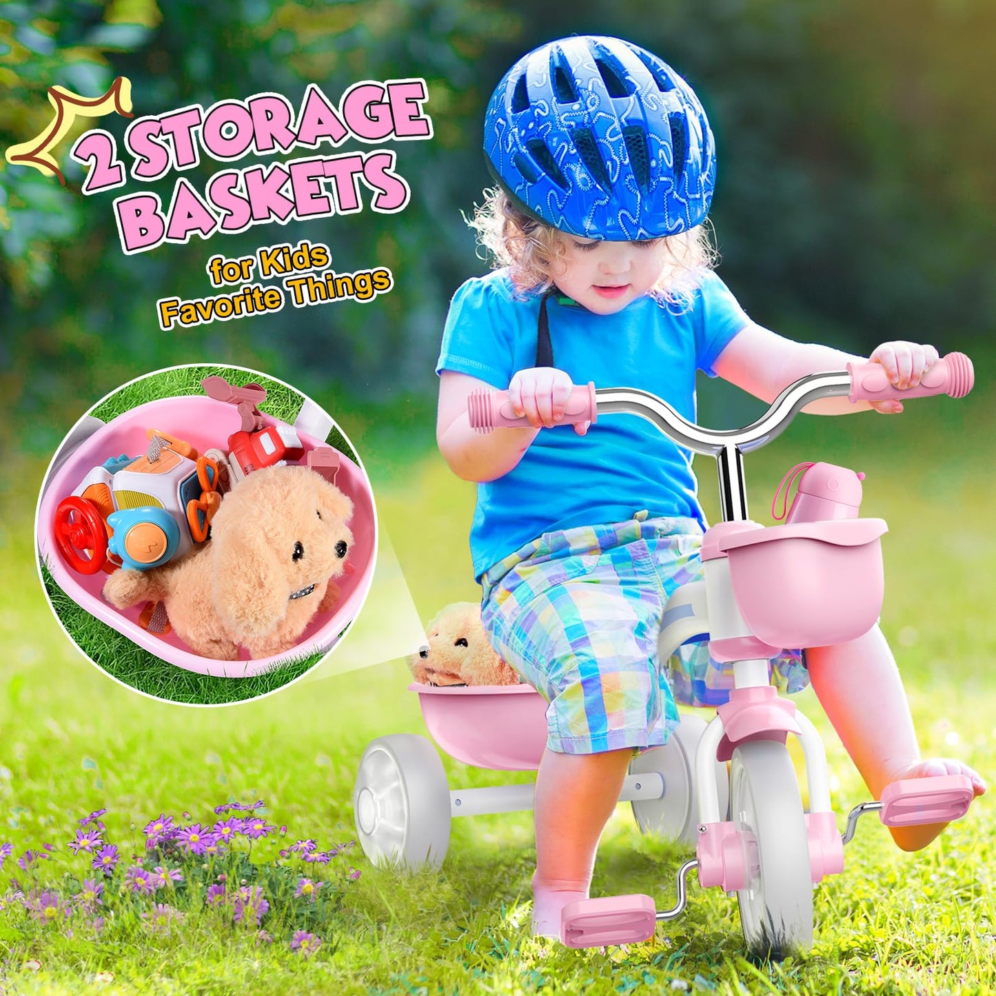 Kkdi Toddler Tricycle for 1-3 3-5 Year Olds, 2 3 4 5 Year Old Girl Birthday Gifts, Pink Toddler Baby Bike, 4-Level Adjustable Seat, 3 Color Light Wheels, 2 Baskets, Outdoor Riding Toys for Ages 2-4