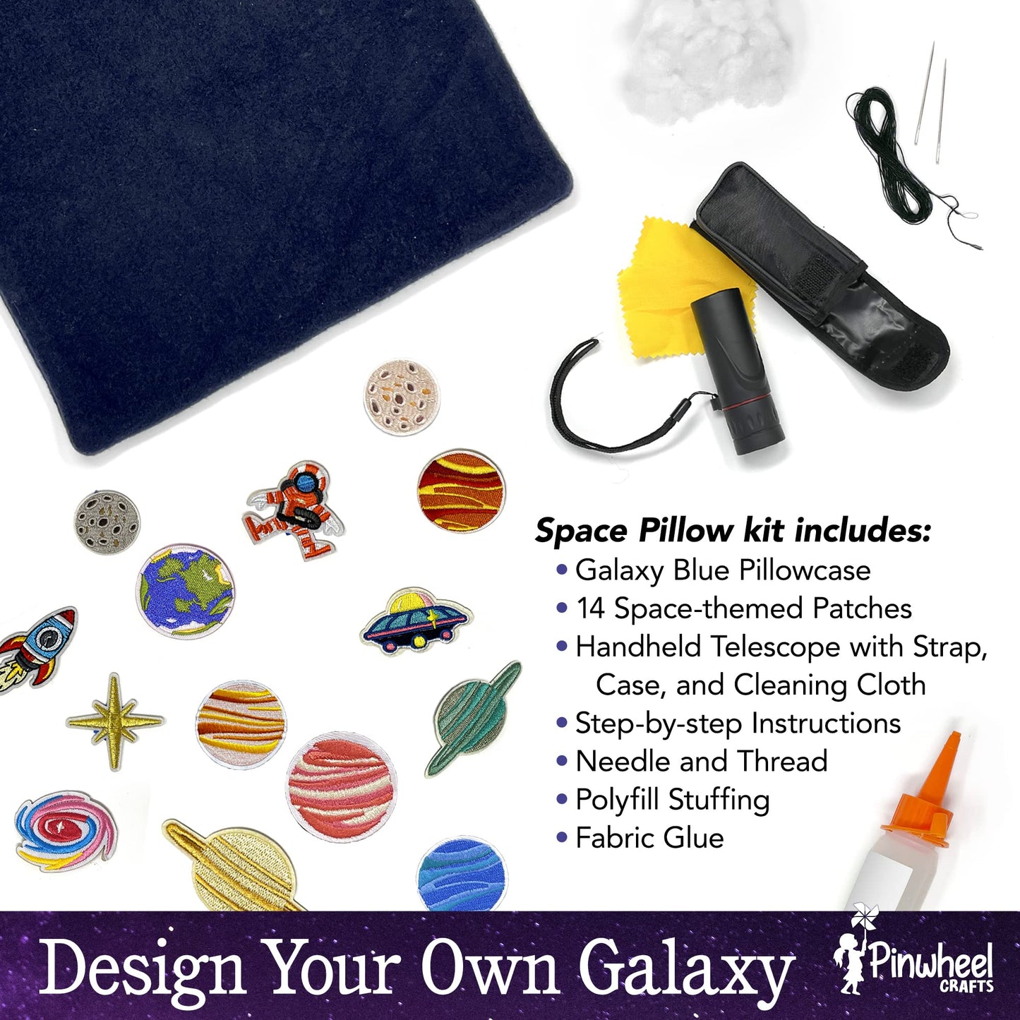 Pinwheel Crafts Beginner Sewing Kit for Kids 8-12 with Telescope - Astronomy Solar System Easy Sew Space Pillow Kit with Planet Patches - Make Your Own Plush Craft