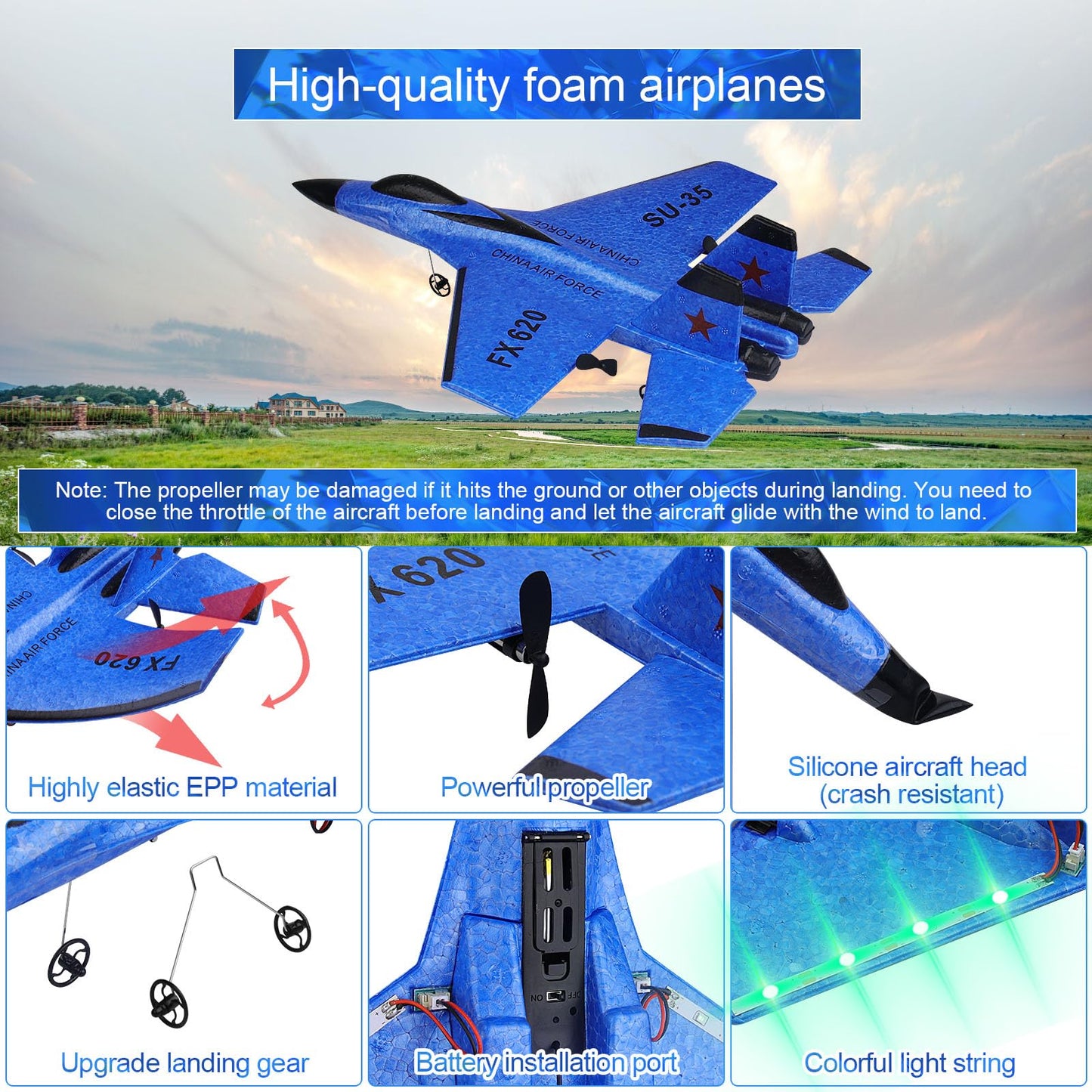 Beffkkip RC Plane 2CH Remote Control Plane SU35 RC Jet 2.4GHz RC Airplane RTF Easy to Fly FX620 Airplane Toys for Beginner, Kids and Adults,with Night Lights USB Charging（Blue）
