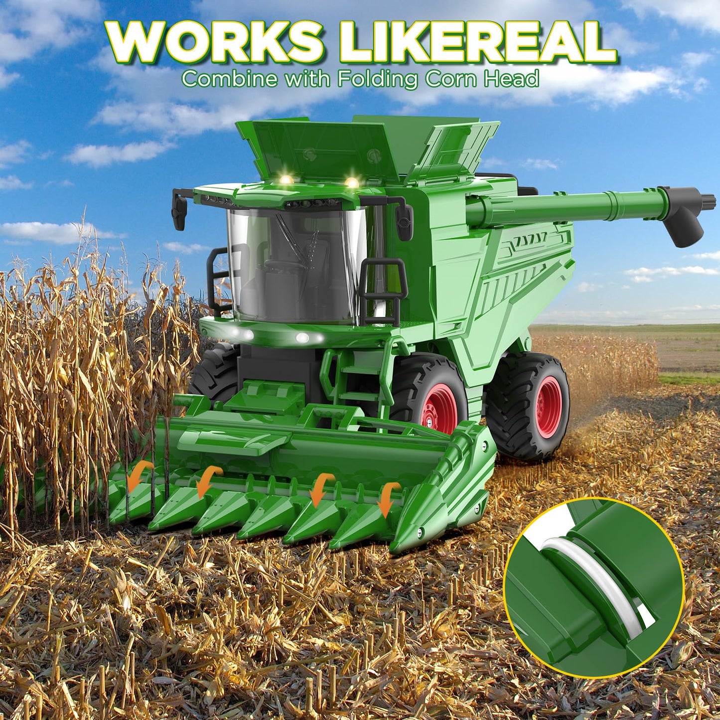Uarzt Remote Control Combine Harvester Tractor Toy with Corn Head, RC Tractor Toys for Kids 3+, Light/Spray/Sound/1/24 Scale, Farm Toy Combine Harvester for Kids, Christmas Birthday Gift