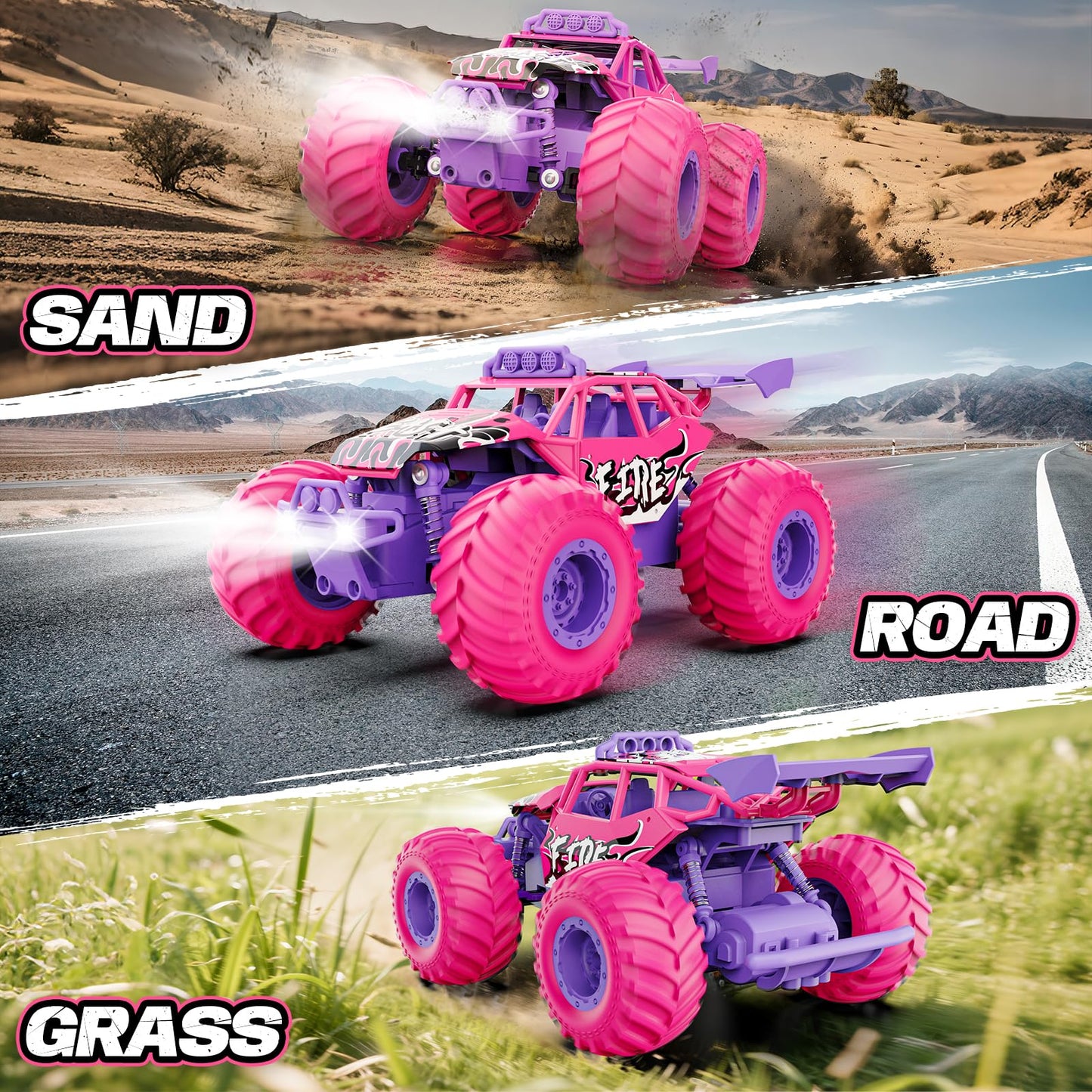 Meislane Remote Control Car, All Terrain RC Cars with Speed Switch RC Truck with LED Headlight and Rechargeable Batteries, 20KM/H Monster Truck Toys Gift for Girls Age 6-8 8-12, Pink