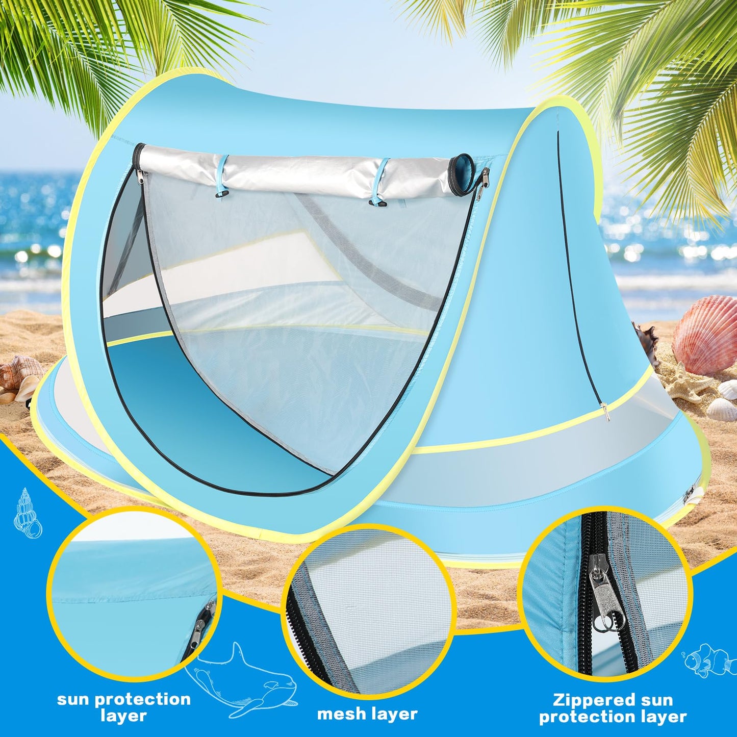Baby Beach Tent, Pop Up Toddler Travel Tent for Boys or Girls, Sun Shade for Toddler Camping, Infant Portable Sun Shade, Summer Beach Baby (Blue Baby Tent)