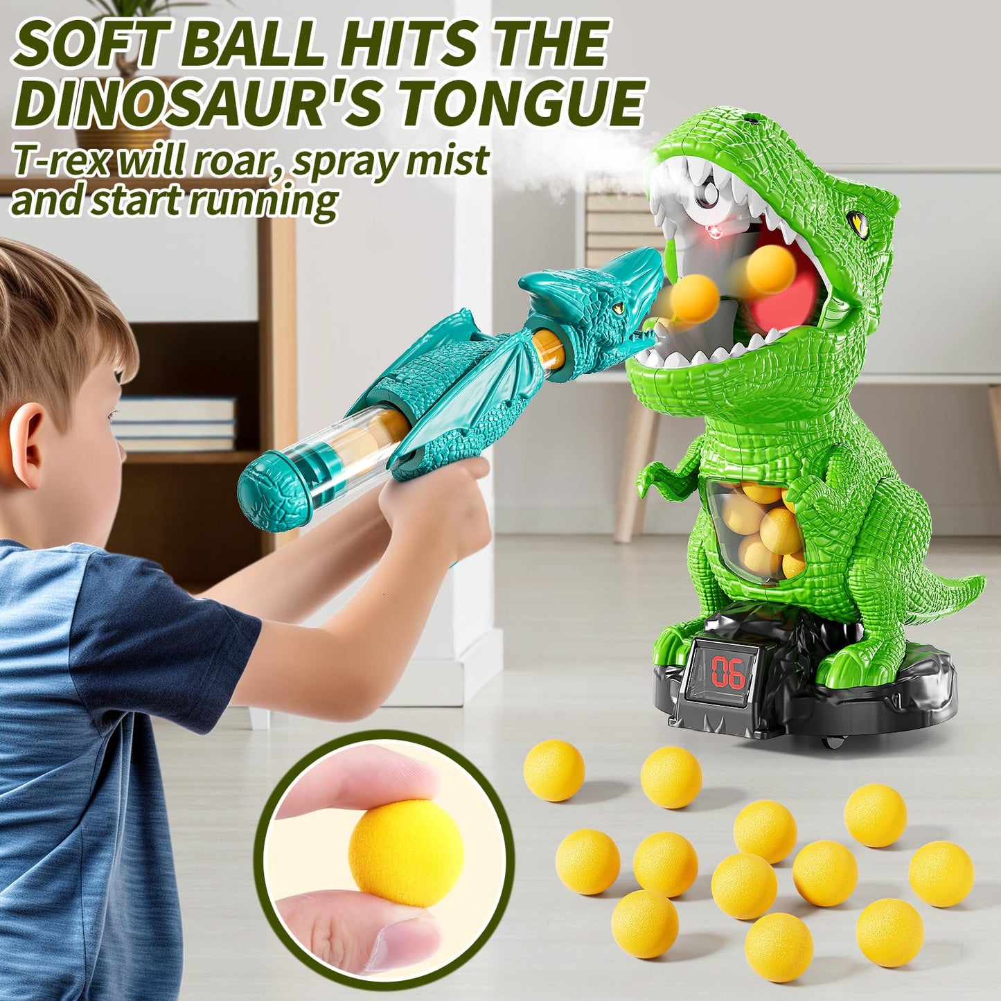 JUKUDAHU Dinosaur Shooting Boy Toys for Kids Age 3 4 5 6 7 8 - Moveable Shooting Game with Scoreboard, Light and Sound, 12 Foam Balls, Boy Toddler Toys 5-7 6-8 8-10, Competition Game Gifts (Green)