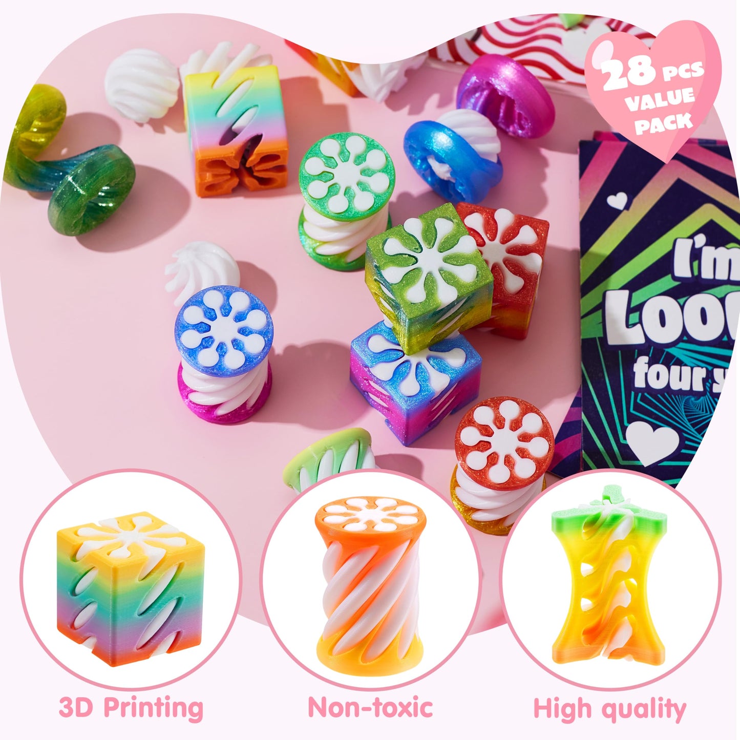 JOYIN 28 Pcs Valentines Day Gift Impossible Spiral Cone Stress Toy with Valentine Cards, 3D Printed Passthrough Toy for Kids Valentine Party Favors Gift Classroom Exchange Boys & Girls