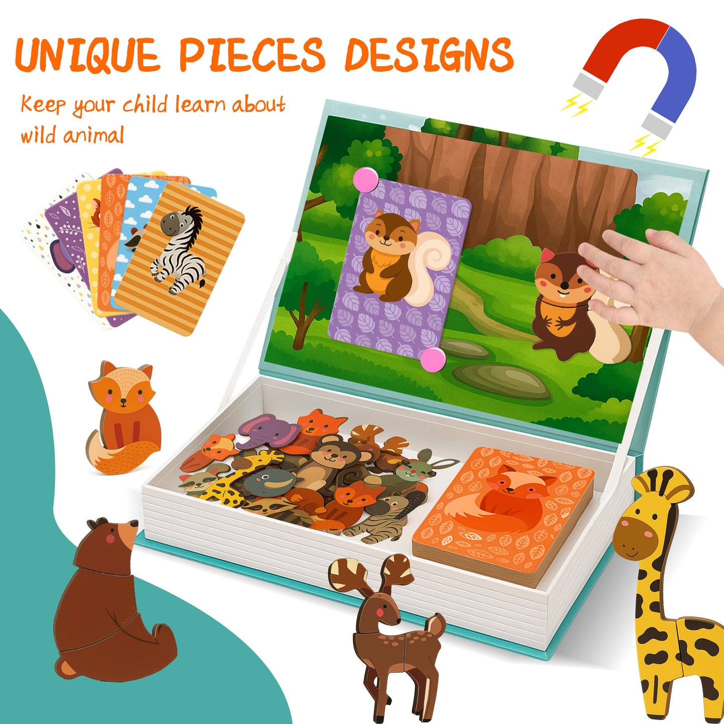 ROHSCE Animal Magnetic Busy Book for Toddlers, Montessori Quiet Travel Toy with 45 Magnets & Activity Cards, Plus Rocket Launcher Model Kit Outdoor Rocket Toy Gift for Kids