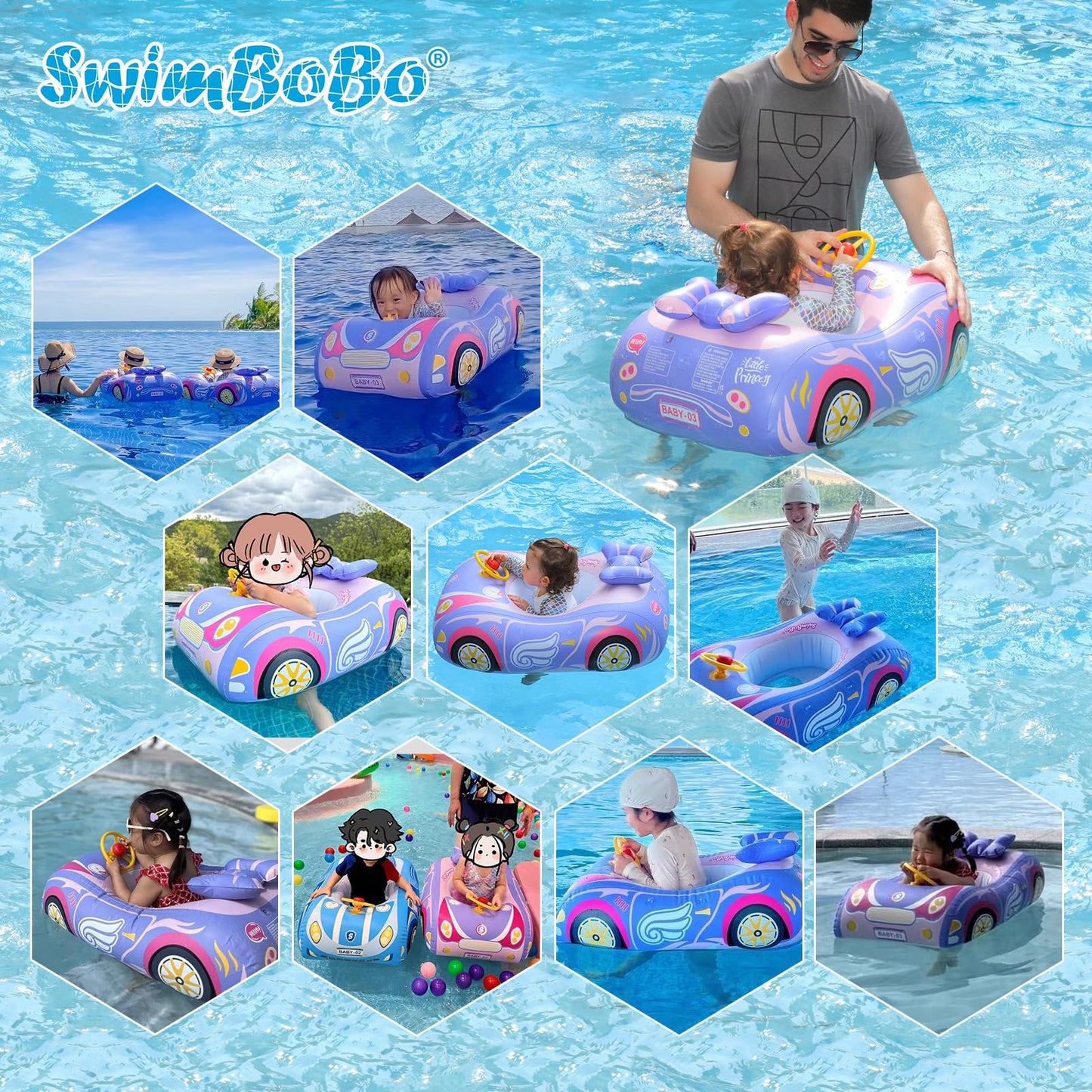 Swimbobo Toddler Pool Float with Seat Boat Inflatable Ride-on Car for Kids Outdoor Toys(Purple Pink Car)