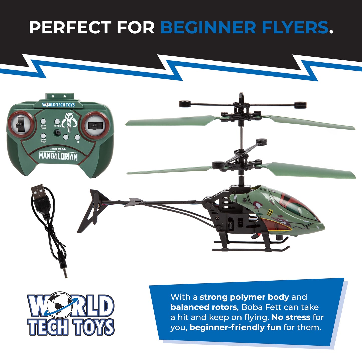 Star Wars Boba Fett RC Helicopter – Easy‑Fly Remote Control Helicopter with LED Lights, Durable Body, Coaxial & Rear Rotors – Kids 8+