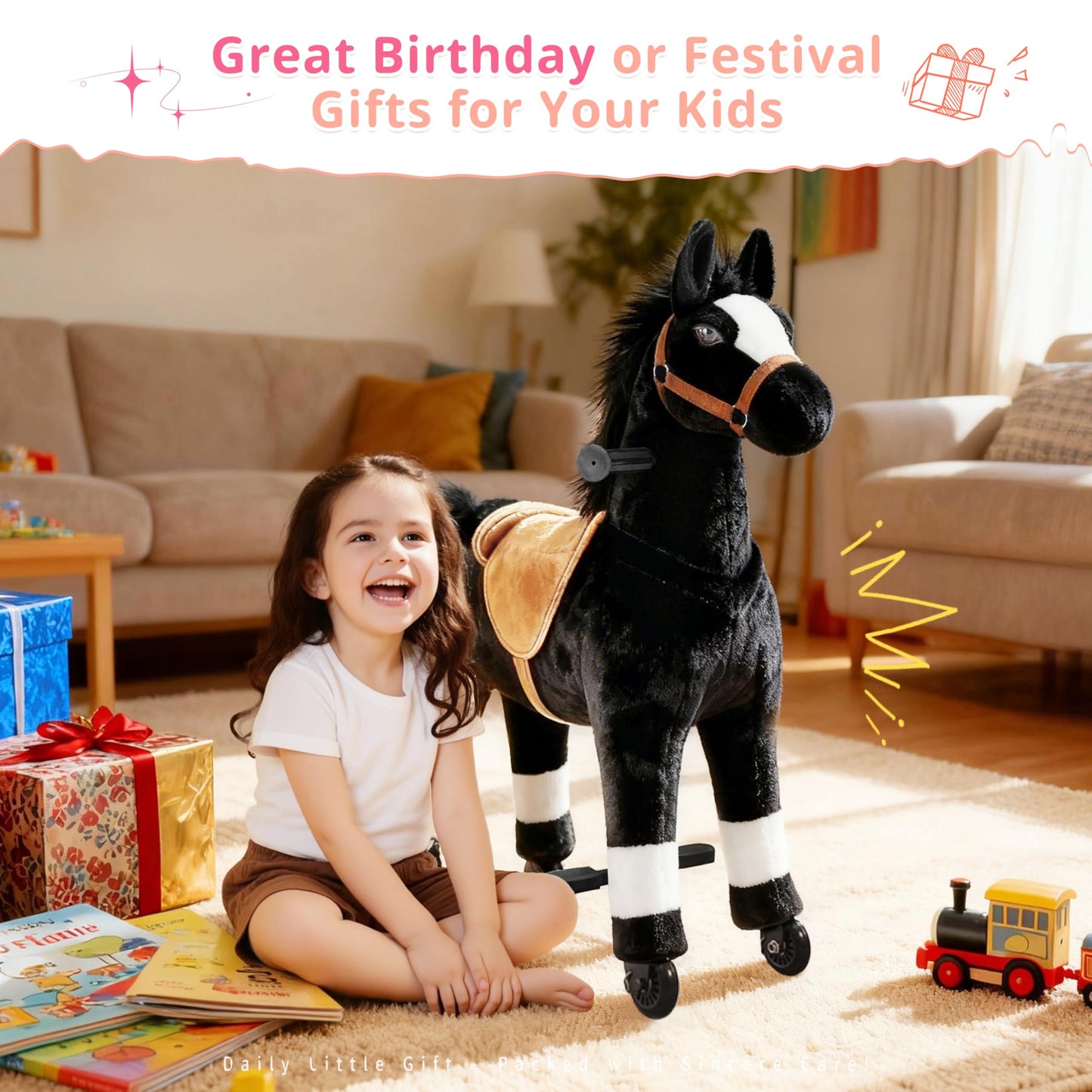Pipleo Ride on Horse for Big Kids, Riding Horse Rider Mechanical Walking Action Plush Animal for 4 to 9 Years, No Battery or Electricity, Max Load 165 LBS Black