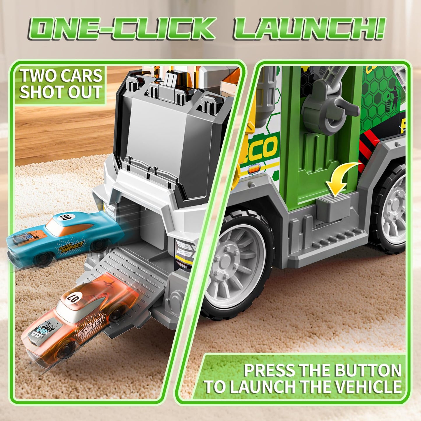 BLUEYAK Large Friction Powered Garbage Truck Toy Set with Light & Sound - ECO City Cleaner with Recycle Dumpster, 4 Color-Coded Trash Bins & 2 Ejection Cars, Ideal Birthdays for Toddlers Boys Girls