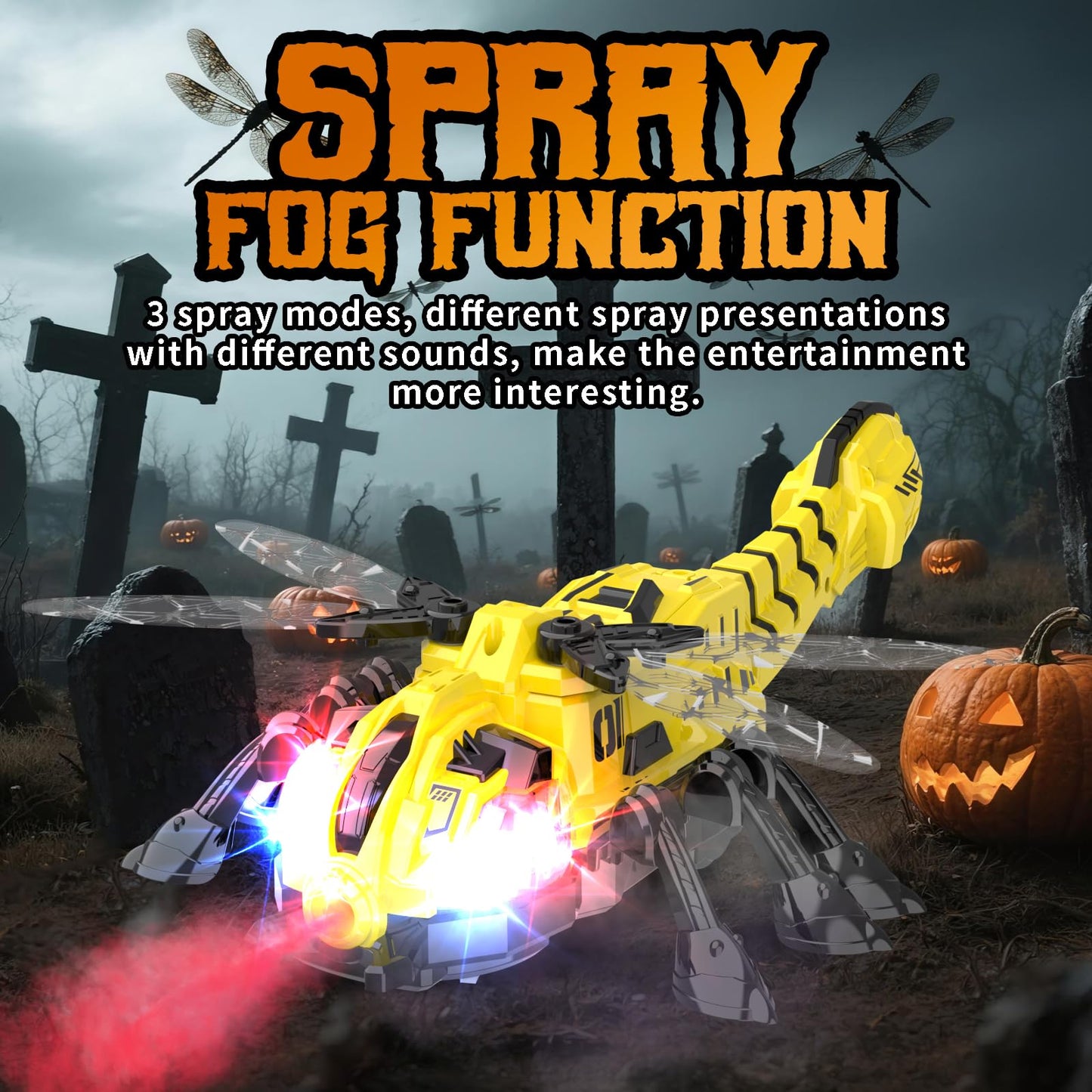 Remote Control Dragonfly Toy, Robot Dragonfly with 2.4 GHz Remote Controller, RC Stunt Robot with Spray/Lights/Music, Dragonfly Gift for Boys Girls, Halloween, Christmas, Toys for Party Prank, Yellow