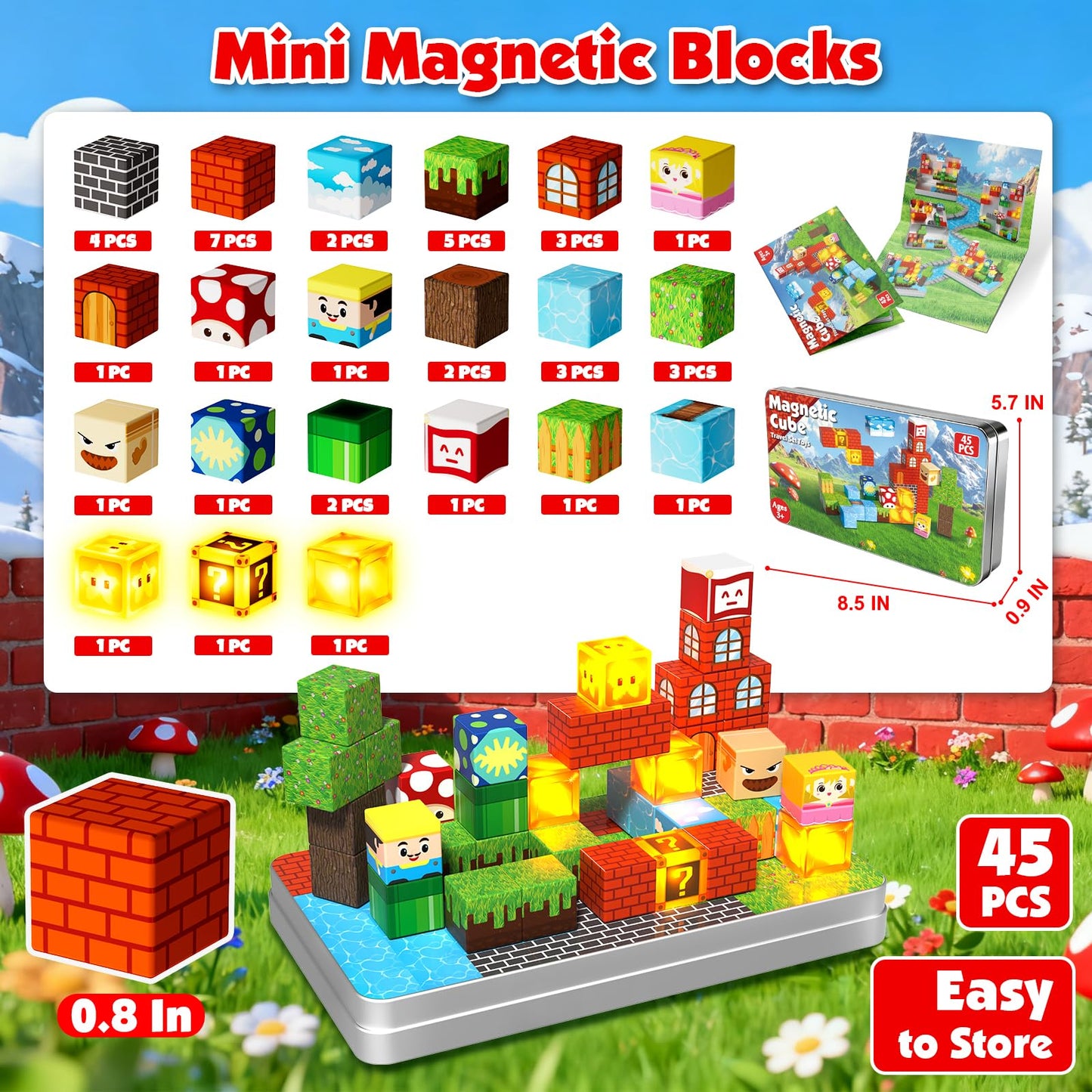 Goody King 45pcs Travel Toys Magnetic Blocks with Metal Box, Light up Magnetic Blocks, Educational STEM Toys for Kids 3 4 5 6 7 8 9 10, Travel Construction Play Set, Christmas Birthday Gifts