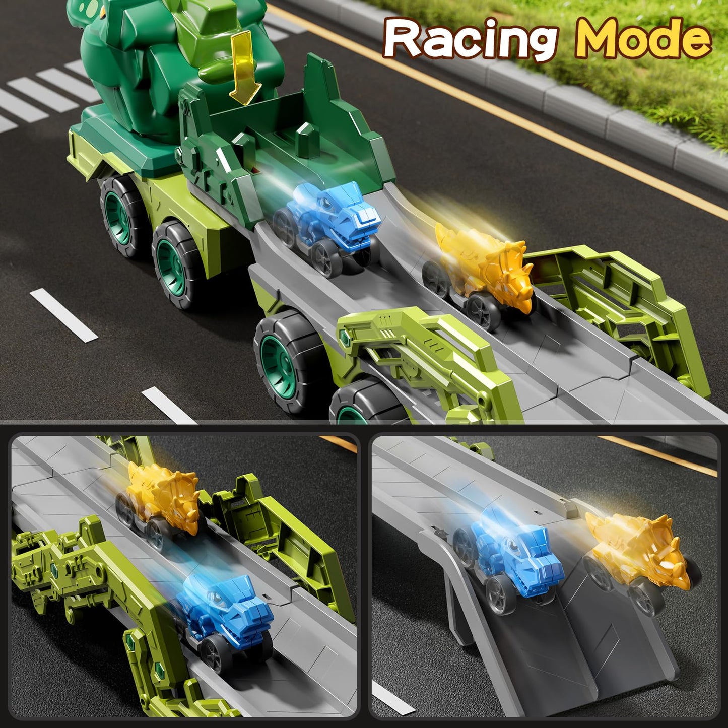 PEADUCK Toddler Car Truck Toys for Kids Ages 3-5, 10-in-1 Dinosaur Carrier Truck with Foldable Track Toys with Spray, Light & Sounds and 9 Dino Cars, Birthday Gift for 3 4 5 6 7 8 Years Old Boys Girls
