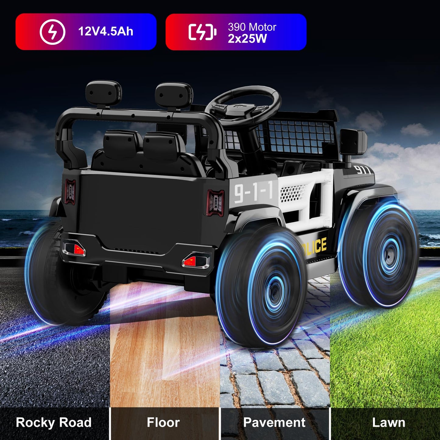 TRINEAR 12V Ride on Car with Parent Remote Control, Toddler Police Electric Car with Spring Suspension, LED Lights & Music Player - Safe Battery Toy for Kids, Christmas & Birthday Gift
