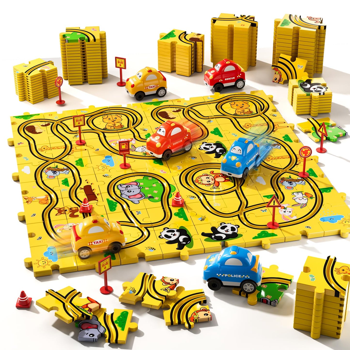 Beby Buty 64PCS Puzzle Race Cars Track Set Toys for Kids, Puzzle Racer Kids Car Track Set Ages 3-5 4-6, Toys Gifts for 3 4 5 Year Old Boys, 3 4 5 Year Old Boys Ideal Gift