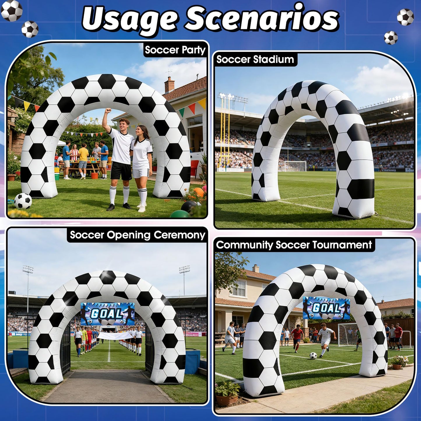 8FT Giant Soccer Inflatable Arch, Match Day Viewing Party Decorations for Fans, Soccer Sports Tournament Game Day Photo Backdrop with 1 Blower, 2 Banners & 3 LED Lights, Birthday Party Blow-Up Decor