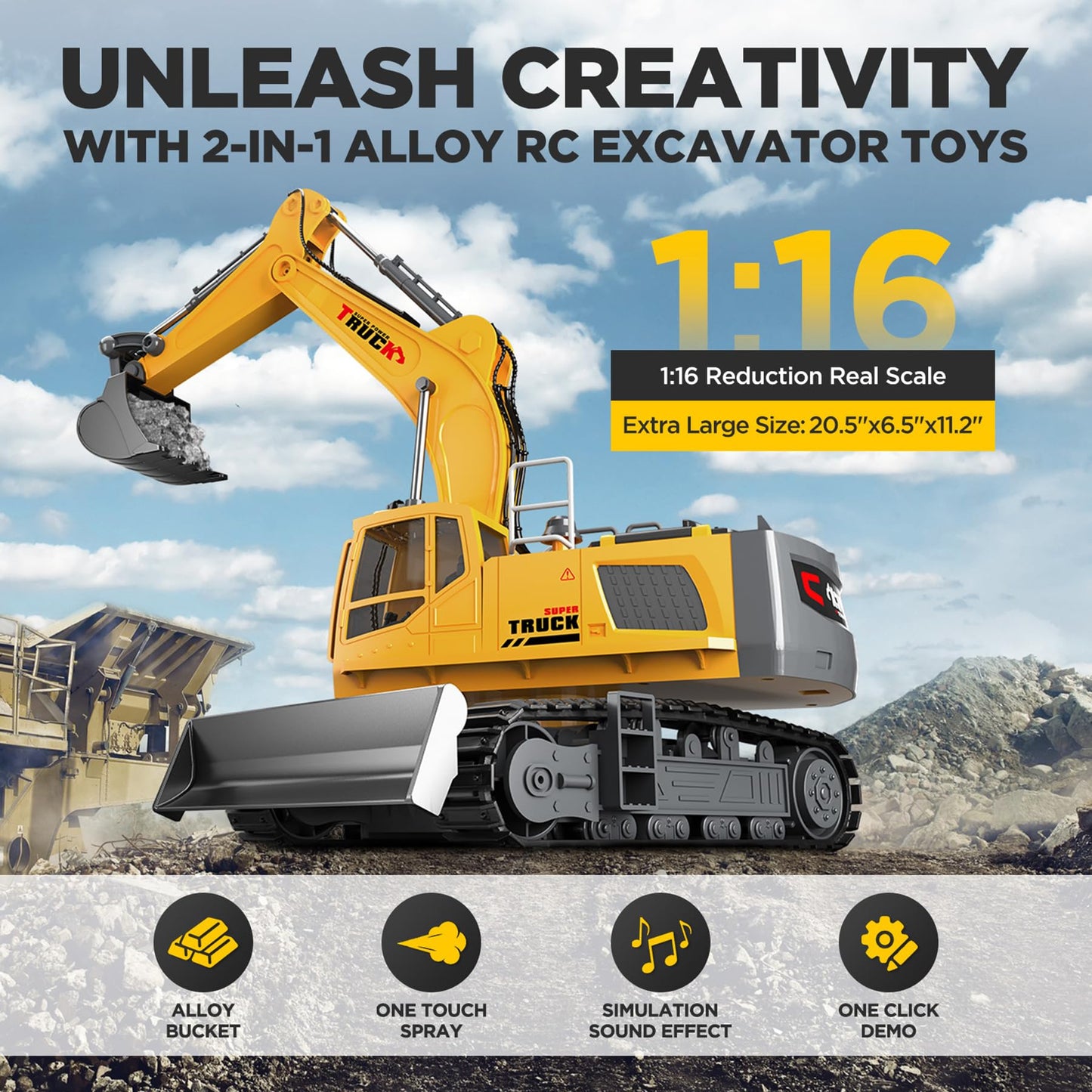 KIDMARKT 21" Large Remote Control Excavator Toy with Metal Bucket & Dozer Blade, 15-Channel RC Excavator Toys for Boys 6+ Kids Adults Construction Vehicles Birthday Gift, 120+Mins/Spray/Sound/Light