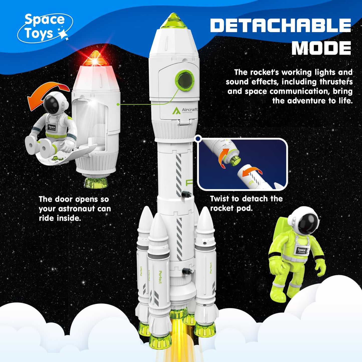 AuntyFey Space Rocket Ship Toys for Kids, Space Toys Shuttle for Kids 3-5-7 with 2 Astronaut Figures, Spaceship with Glowing & Sound Effect, Educational Stem Gift for Boy Girl