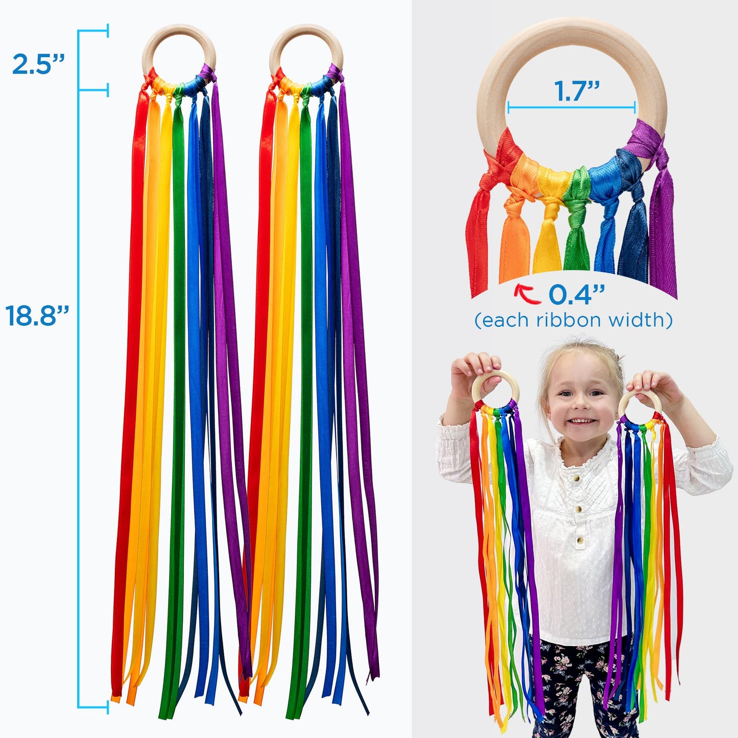 Covelico Rainbow Hand Ribbon Kite, 2 x Montessori Inspired Ribbon Toy, Each Wooden Rings with 7 Bright Rainbow Streamers, Waldorf Sensory String Toys for Kids & Gymnastics Dance Ribbons for Toddlers
