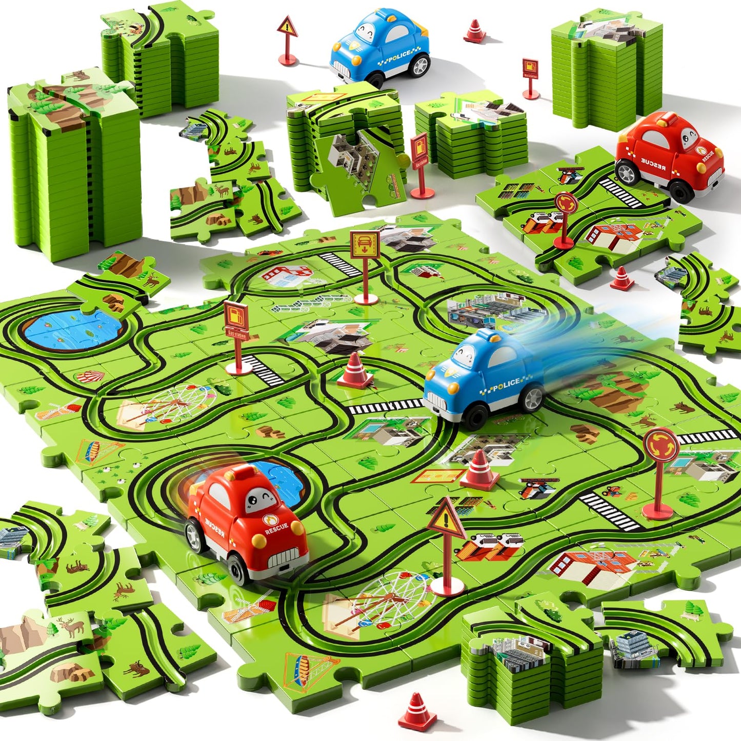 Beby Buty 48PCS Puzzle Race Track Car Set for Toddlers Kids Boys, Toddler Toys Birthday Gifts for 3 4 5 6 Years Old Boys and Girls, Floor Puzzle Tracks Car Toys for Ages 3-5 4-6