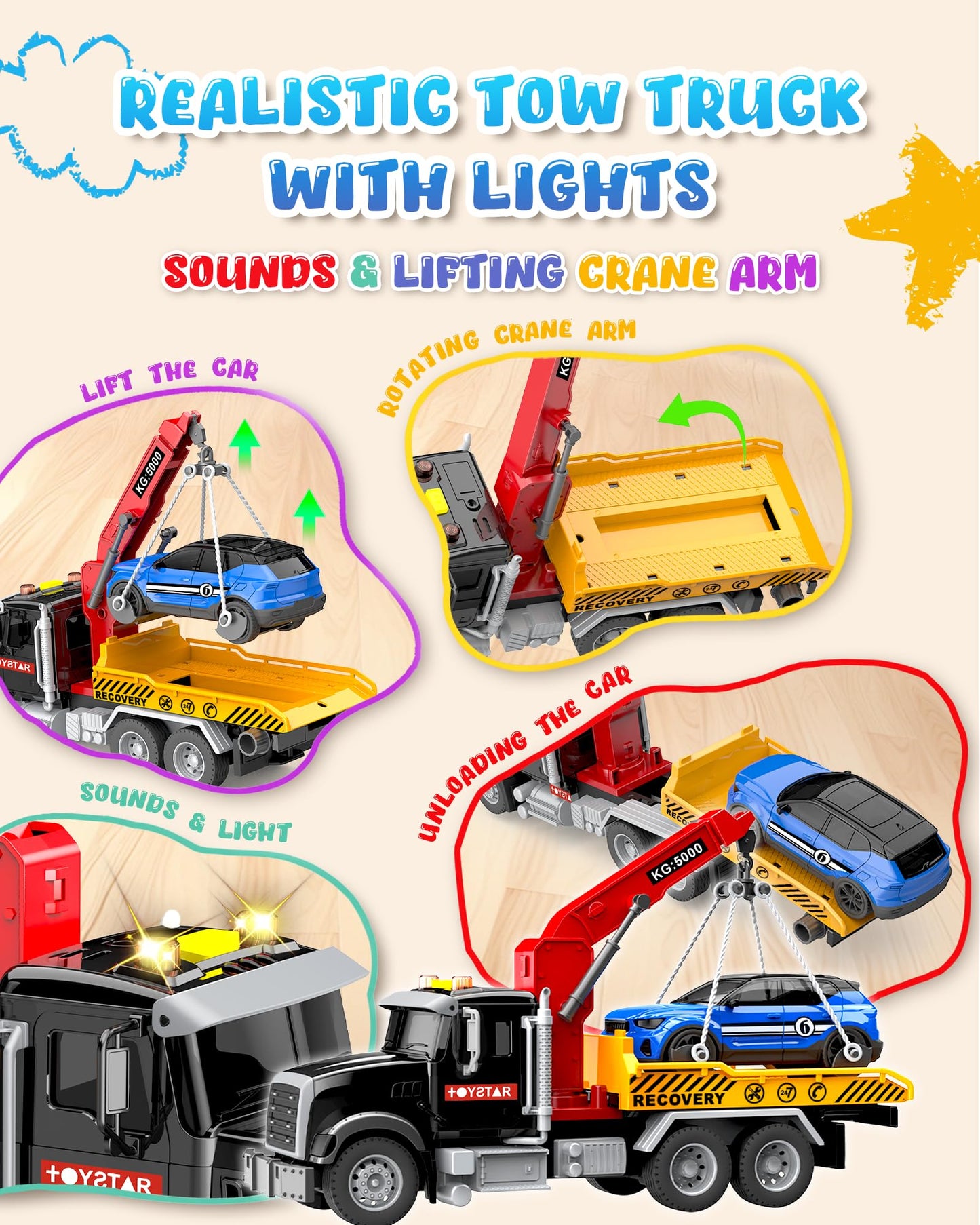 Noaln Kids Toys for 3 4 5 6 7 Years Old Boys, 15" Large Tow Truck Toy, Friction Powered Transport Toy Trucks with Lights and Sounds, Birthday Gifts for Boys & Girls with Racing Car