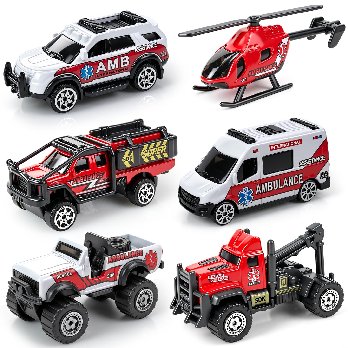 6 Pack Diecast Ambulance Toy, Mini Alloy City Rescue Emergency Vehicle Toys Playset Helicopter Toy Trucks for Boys Age 4-7 8 9 Years Old, Car Toys for Kids Toddlers Party Favors & Birthday Gift