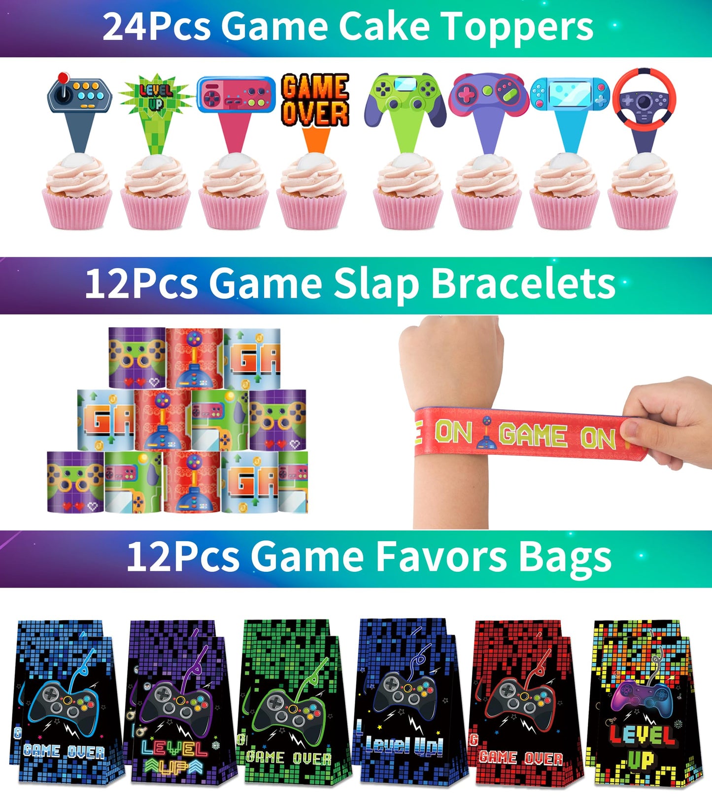 PLOUGVI 320PCS Video Game Party Favors for Kids-Including Goodie Bags, Glasses, Straws, Bubble Wands, Stickers, Cake Toppers, Tattoos & More-Perfect for Theme Party Decorations & Piñata Fillers