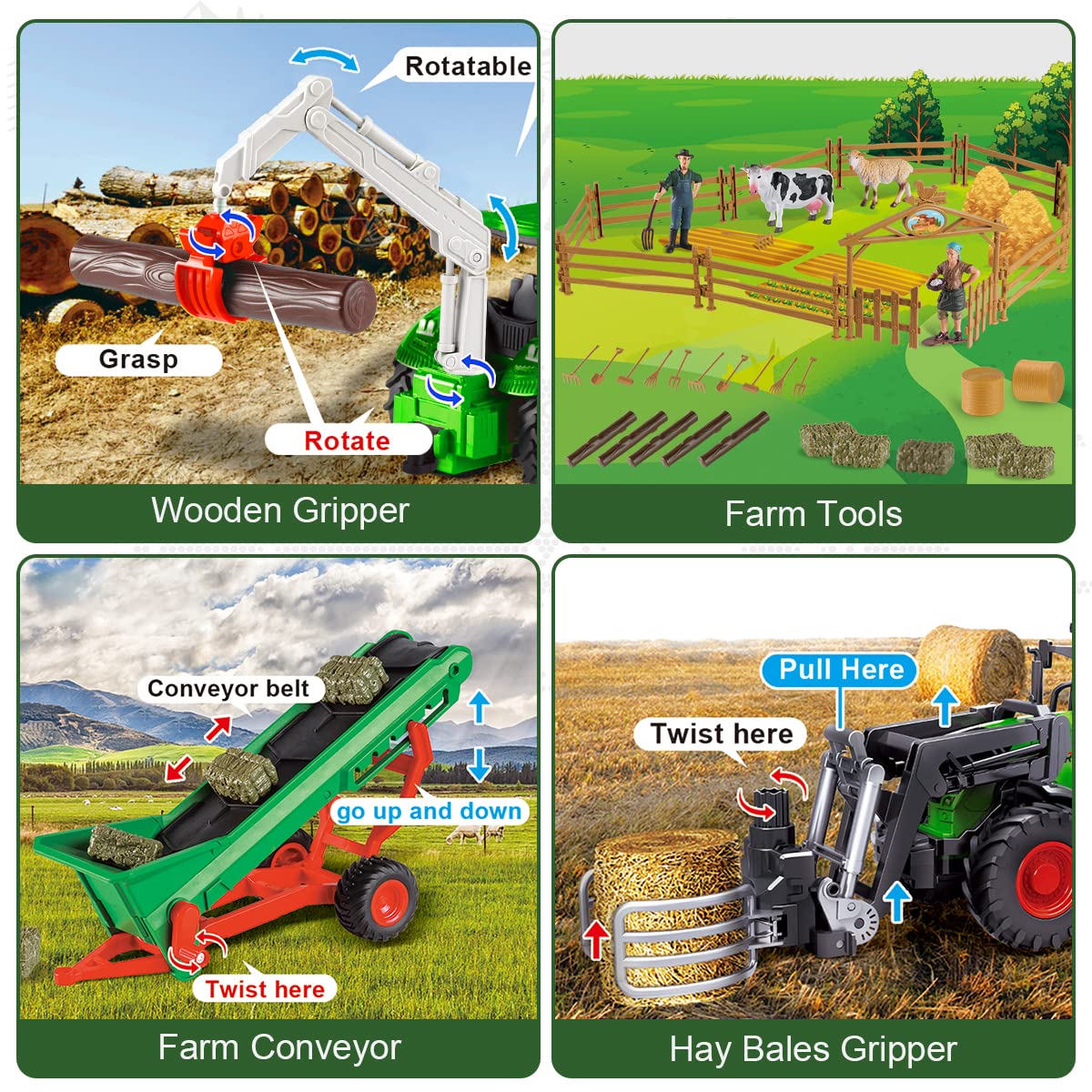 fisca Kids Remote Control Tractor Farm Playset, 2.4Ghz RC Tractor with Trailer and Conveyor, 45PCS Farm Toys Set with Farm Animals Figurines Fences Farmers for Kids Age 3 4 5 6 Years Old
