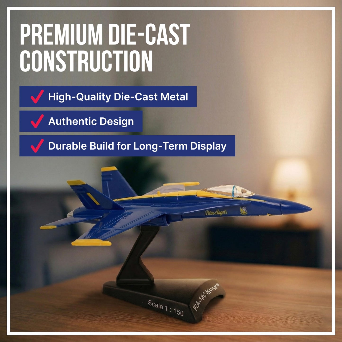 Postage Stamp F/A-18C Hornet Blue Angels – 1/150 Scale Die-Cast Metal Jet Model with Display Stand – Officially Licensed US Navy Collectible Aircraft for Adults Ages 14+