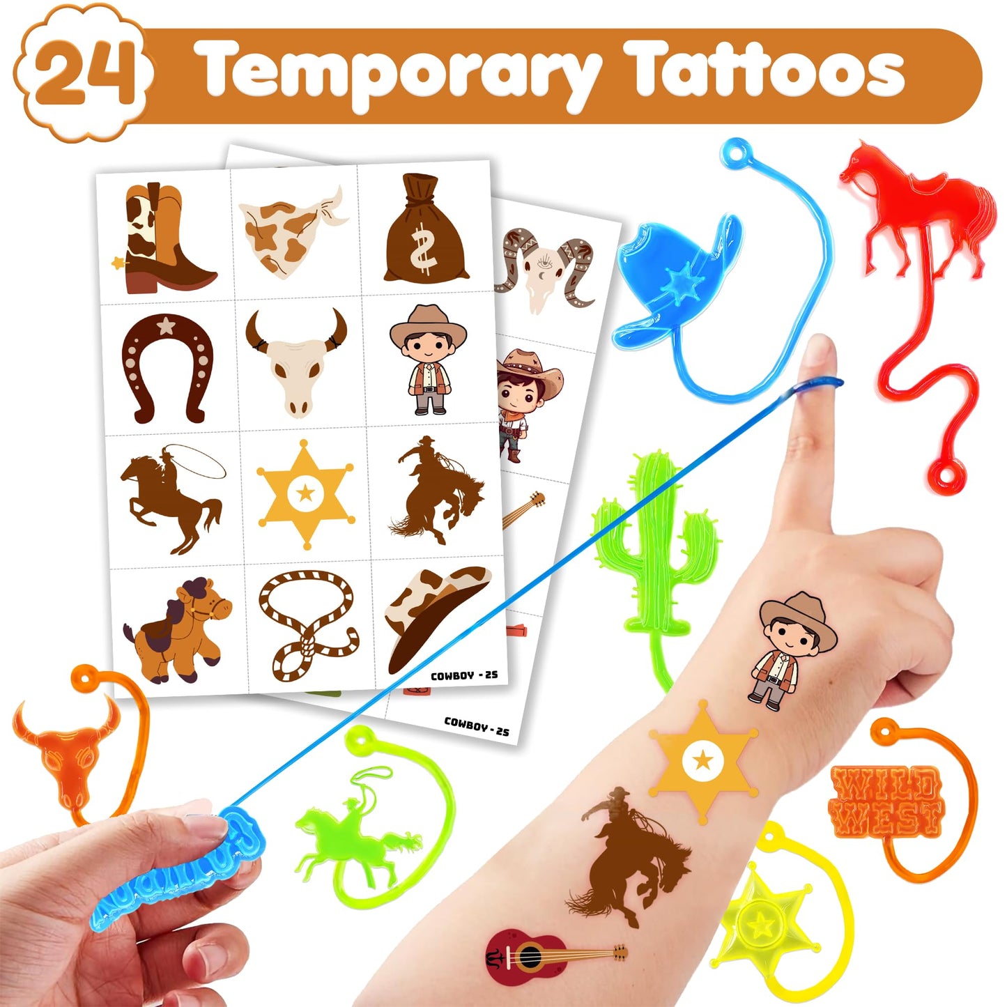 48PCS Cowboy Party Favors - 24PCS Cowboy Temporary Tattoos & 24PCS Cowboy Stick Hands - Perfect Birthday Favors, Goodie Bag Stuffers, Treasure Box Toys, Classroom Prizes, and Student Gifts