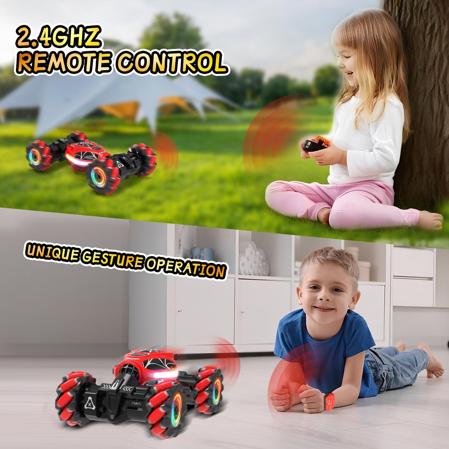 XUERENTECH Spider Gesture RC Car, 2.4GHz Gesture Sensing RC Stunt Car Toys for 6-12 Years Old Boys Girls, Hand Controlled Remote Drift Twist Offroad 360° Rotation with Lights Music for Birthday Gifts