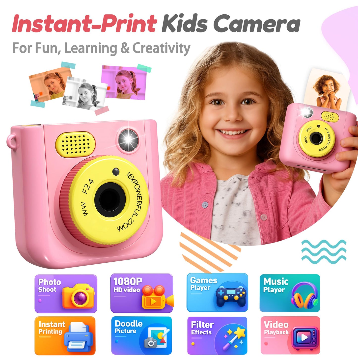ROHSCE Instant Camera for Kids, Digital Print Camera 48MP 1080P, Color & B&W Printing, 2.4" Display, USB-C Rechargeable, 32GB Card, Christmas & Birthday Gifts for 3-12 Year Old Girls Boys (Pink)