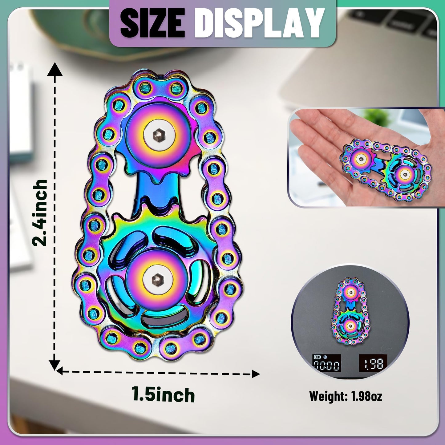 Metal Fidget Spinner Toys for Teens Boys Adults Bike Chain Roller Gadgets ADHD Figette Anxiety Stress Relief Items Quiet Figet Desk Offices EDC Men Easter Basket Stuffer - Rainbow+Blue