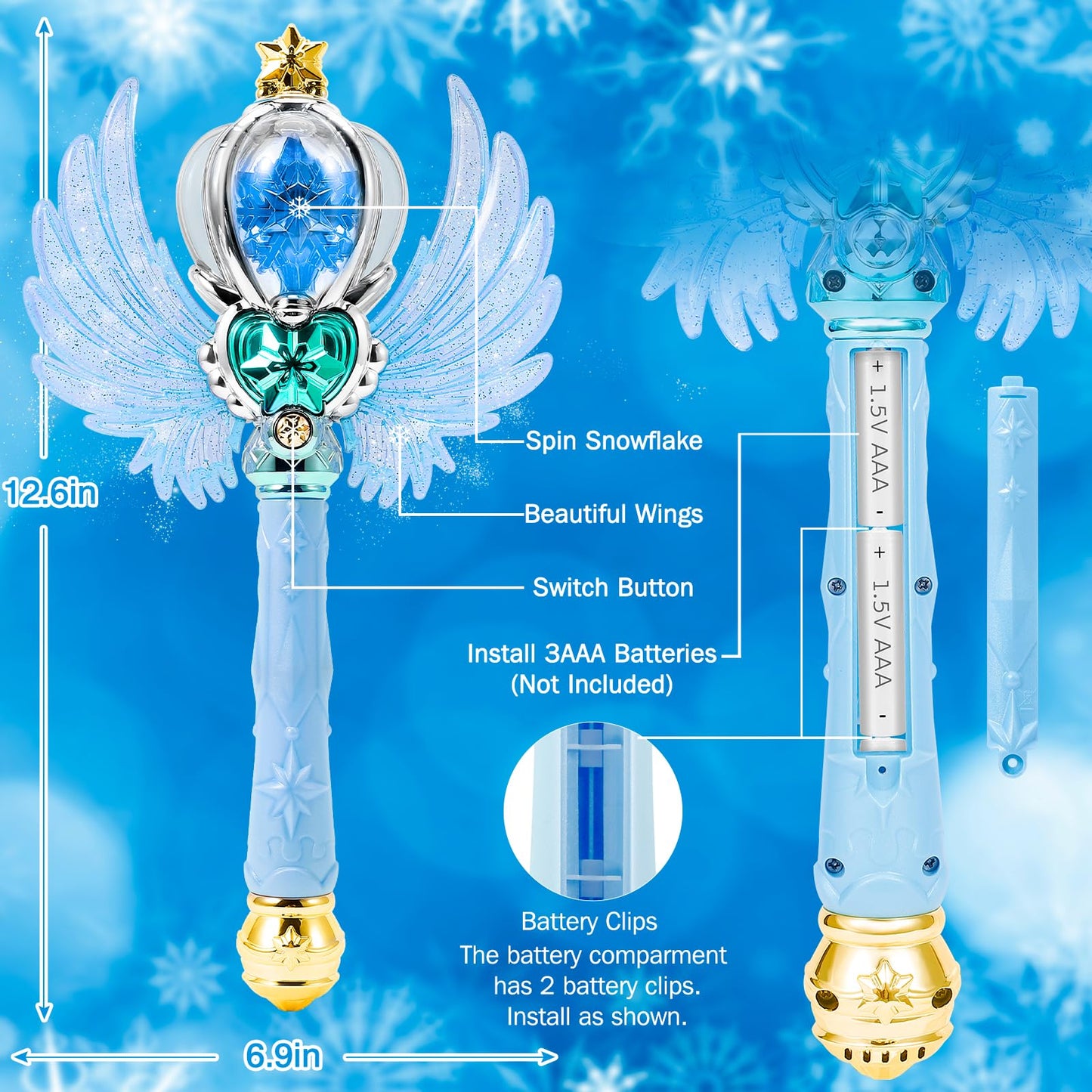 EnchantZone Light Up Snowflake Wand with Spinning LEDs and Sound Magic Princess Toys for Kids Girls Birthday Cosplay Party Favors, Blue