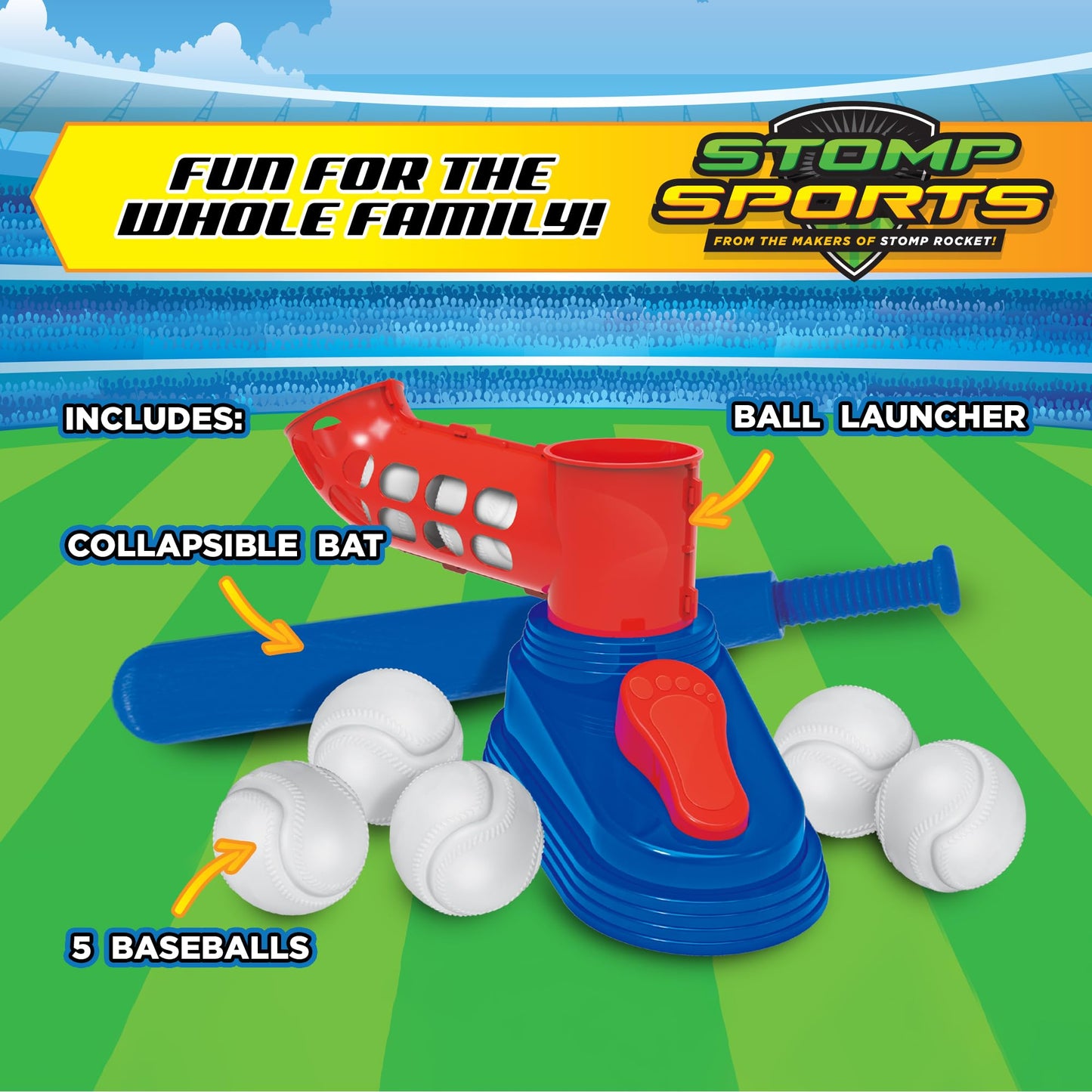 Stomp Rocket Stomp N Pitch Baseball Pitching Machine for Kids - Baseball Training Machines for Boys & Girls with Collapsible Bat, Launcher & 5 Balls - Outdoor Sports Gear & Toys - 6+ Year Olds