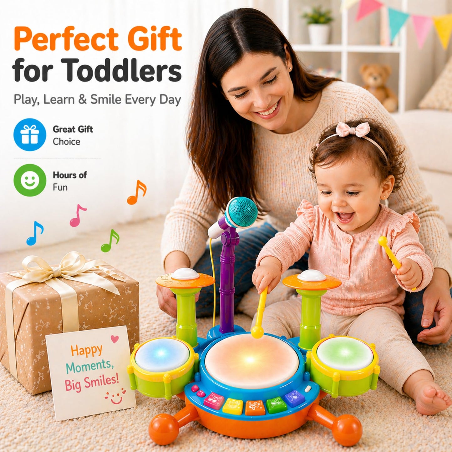 Toddler Drum Set for Toddlers 1-3, Baby Drum Set with Microphone & Lights, Kids Musical Instrument Toy for 1 2 3 Year Old Boys Girls, Birthday Gift, Toddler Music Toy