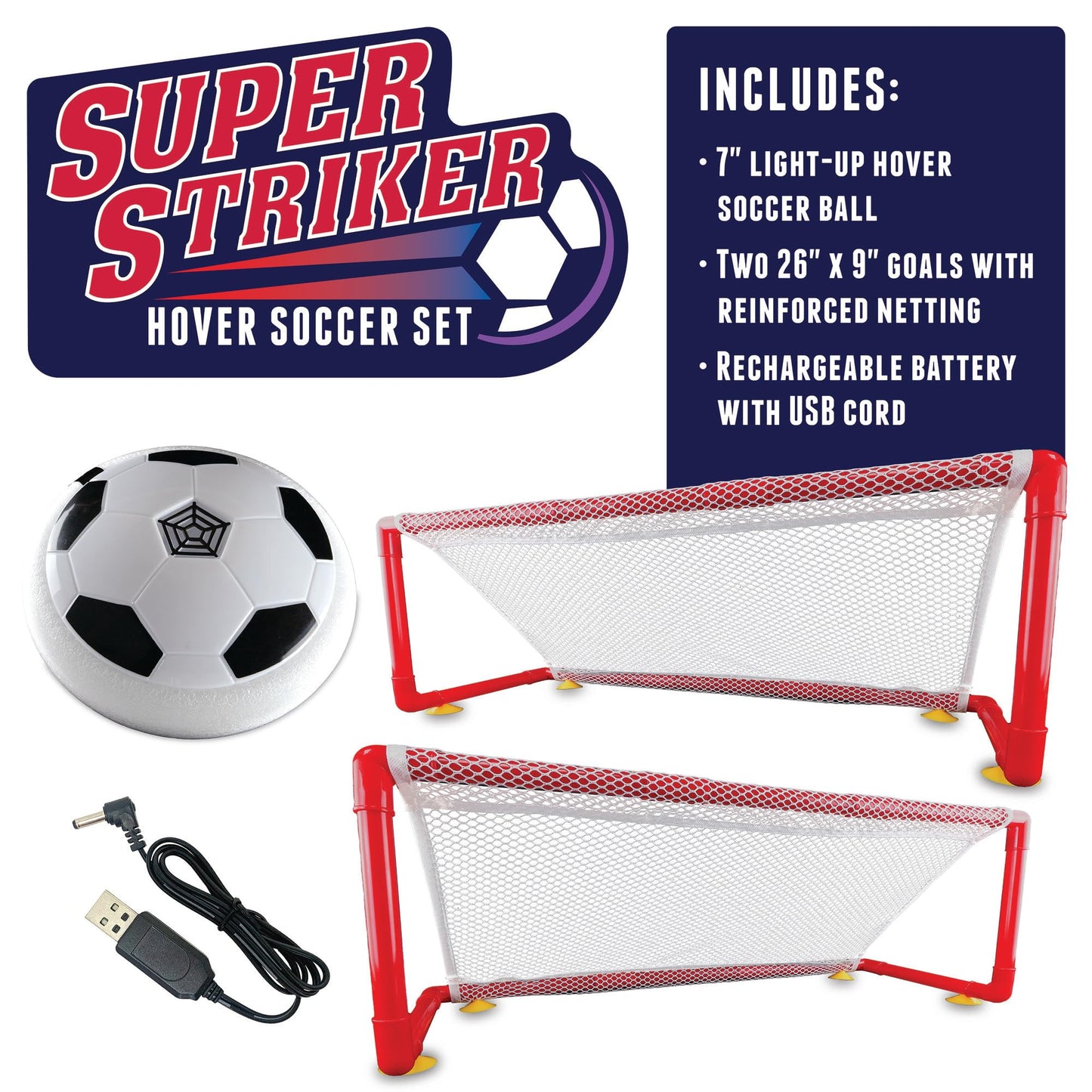 MindWare Super Striker Hover Soccer Ball Set - Indoor Soccer for Kids Ages 3 and Up - Flashing LED Lights - USB Charger - Includes 2 Sturdy Nets for 1 or 2-Player Indoor Games for Kids 8-12