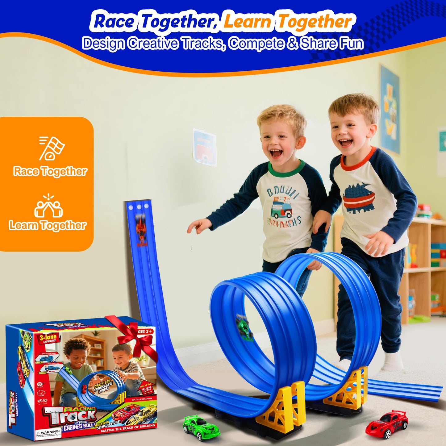 3-Lane Flexible Race Track for Kids: 15ft DIY Bendable Ramp with Suction Cups – Portable Roll-Up Car Track for Kids Compatible with 1:64 Diecast Cars – Easter Birthday Gift for Boys Girls Ages 3+