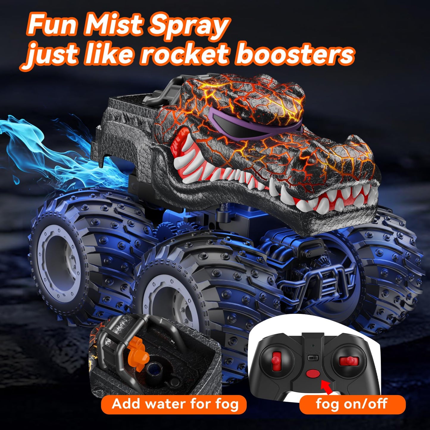 AUUGUU Remote Control Car, 2.4GHz Monster Trucks Toys with Light Spray, Birthday Gift for Kids 3 4 5 6 7 8, All Terrain RC Cars, Toddler Toys for Boys Girls 3+ Year Old (Crocodile)
