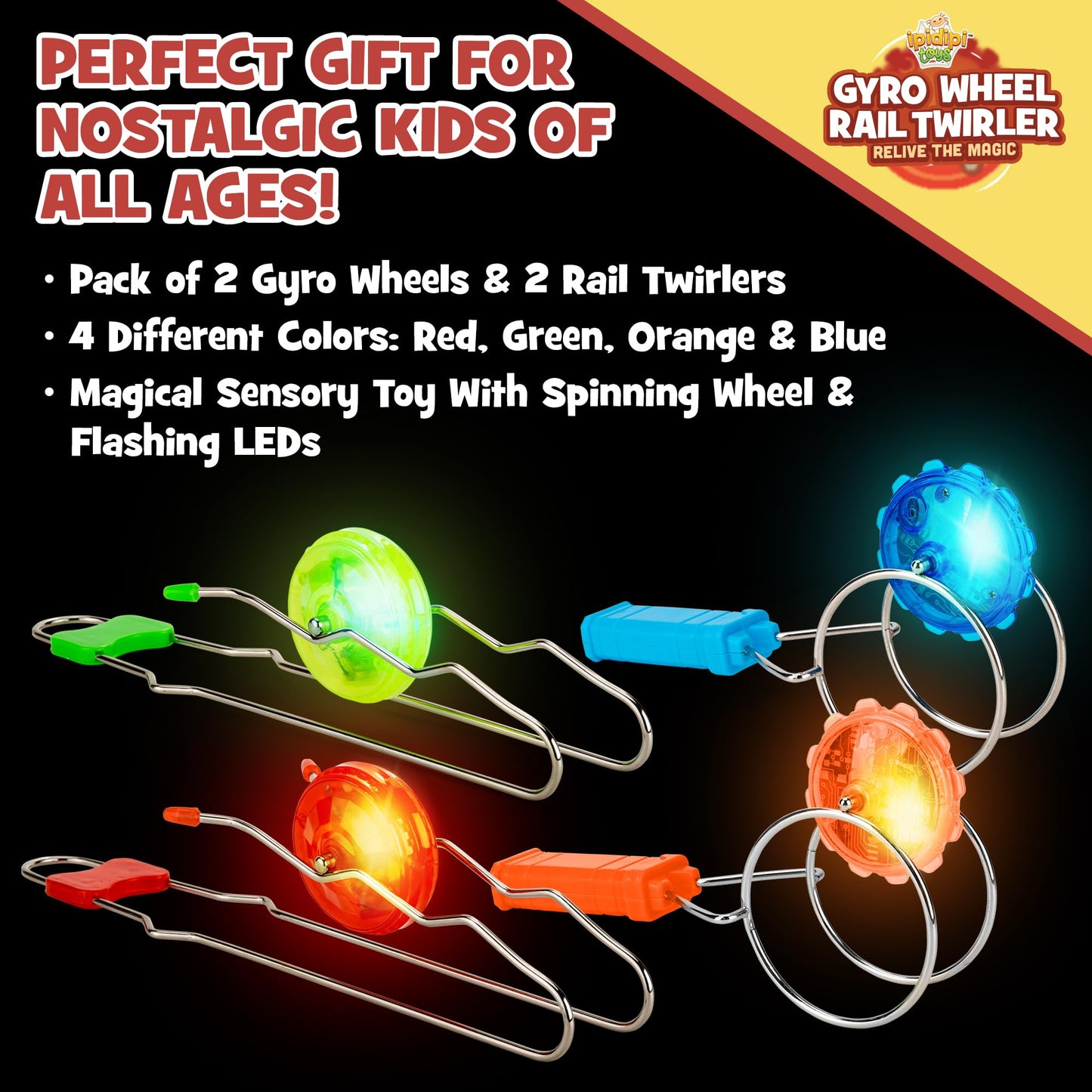 IPIDIPI TOYS Retro Magic Rail & Gyro Wheel Twirlers – 4-Pack (2 Rail Twirlers, 2 Gyro Wheels) - Vintage Twister Fidget Toys, Nostalgia Toys - Party Favors, Birthday Gifts for Boy and Girls